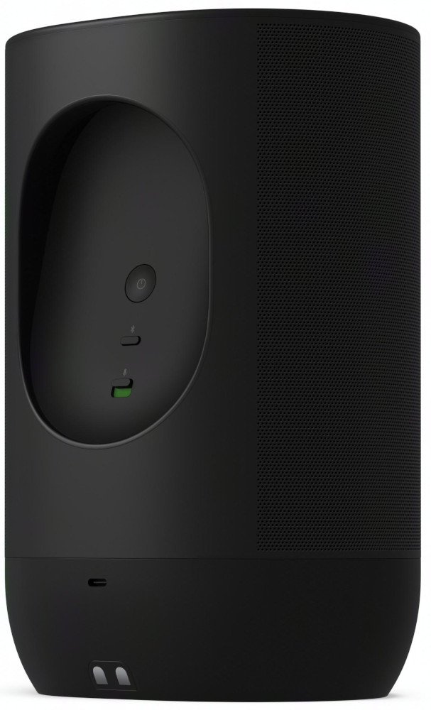 Black speaker with a rounded shape, showing power buttons, and ports at the bottom.