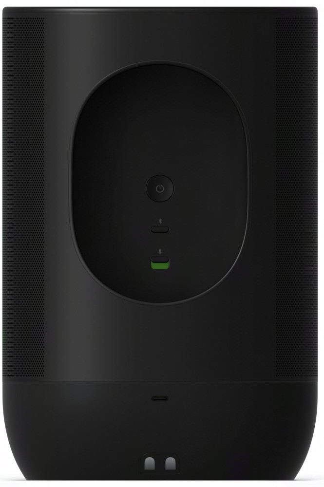 Black speaker with a central oval panel and green LED.