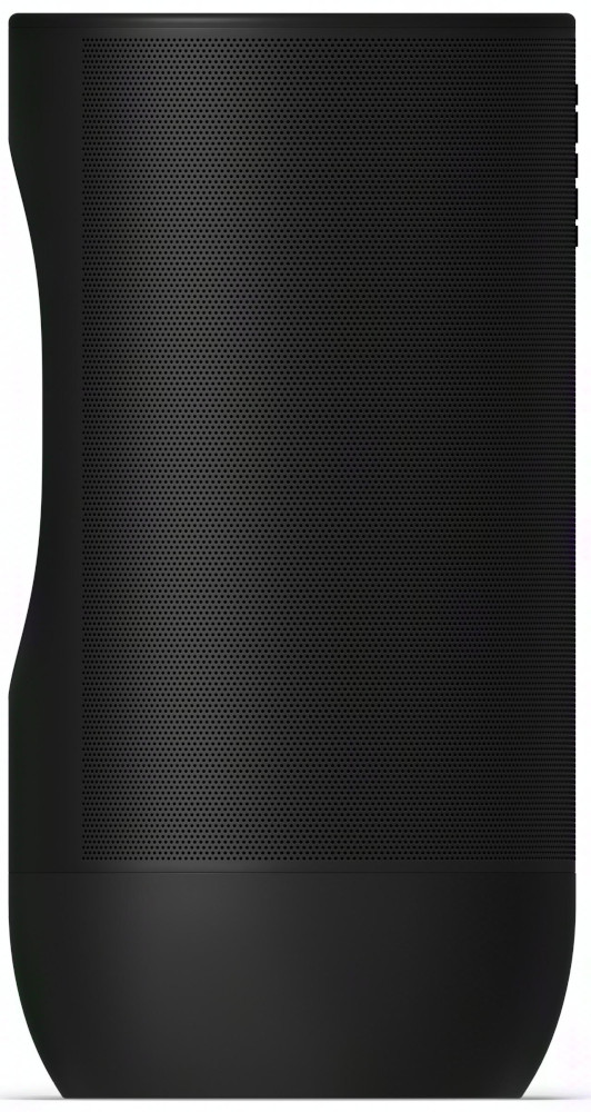 A black speaker with a perforated front. It has a curved side and a solid black base.
