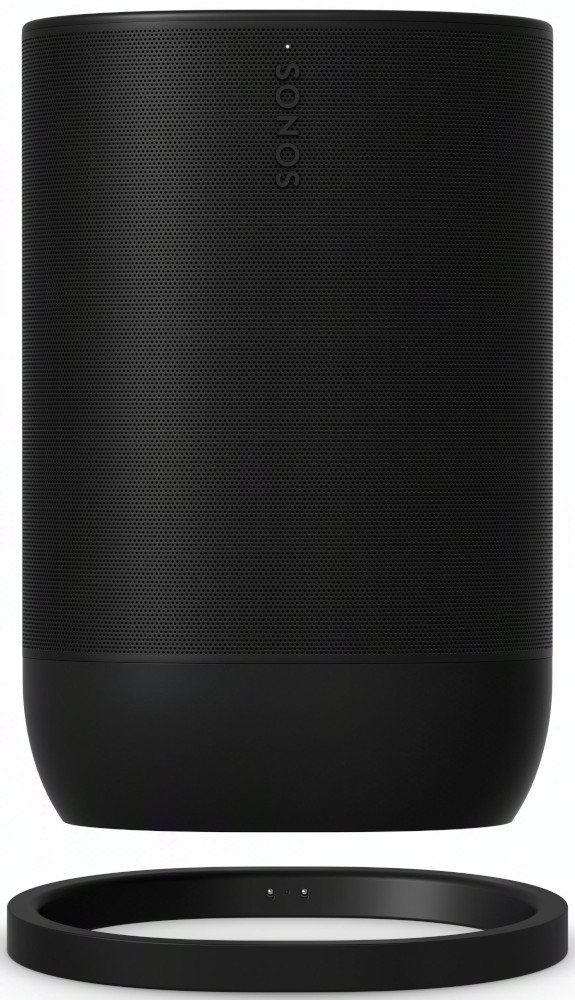 Black cylindrical speaker. Perforated body with a black base and ring. Sonos logo at the top.