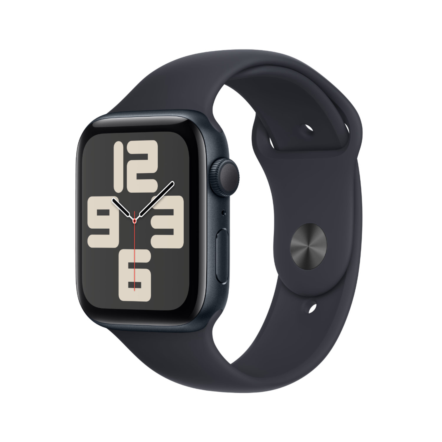 Blauwe Apple Watch met een donker scherm dat de tijd toont.