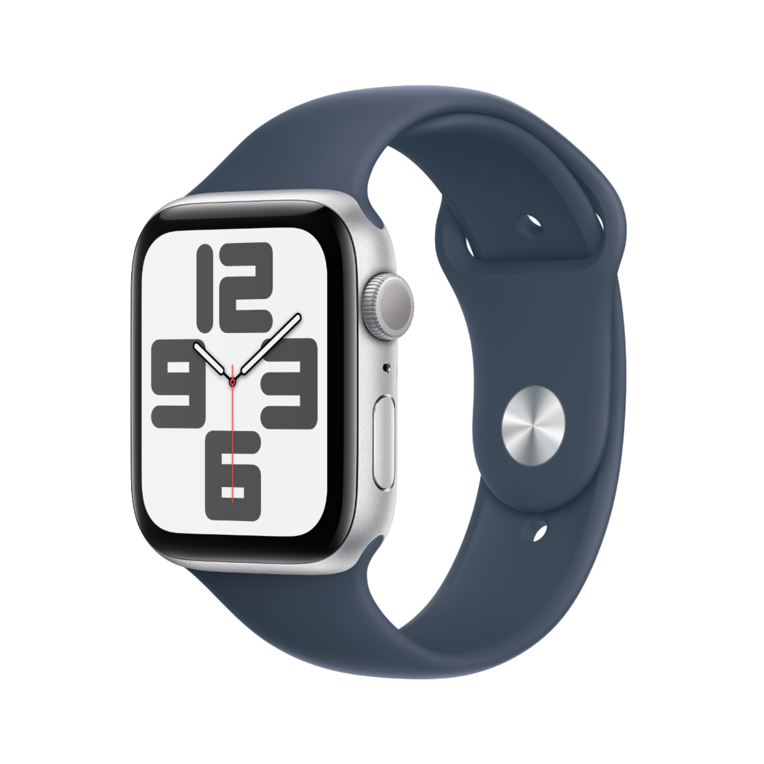 Zilveren Apple Watch met een donkerblauwe band, digitale tijdweergave.