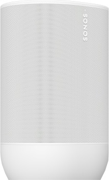 Witte Sonos-luidspreker op een witte achtergrond. Hij is cilindrisch en heeft een mesh voorkant.