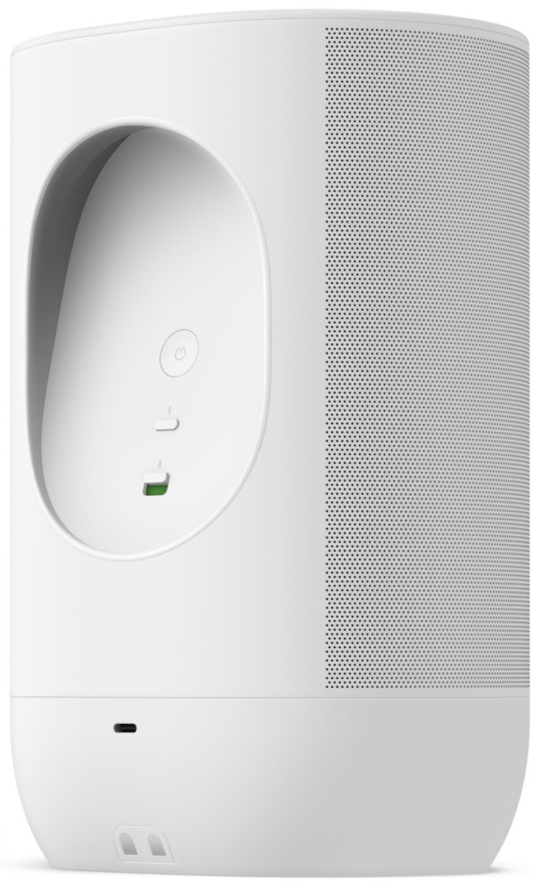 Witte slimme luidspreker met ovale inkeping voor bediening en een mesh-luidsprekergedeelte.