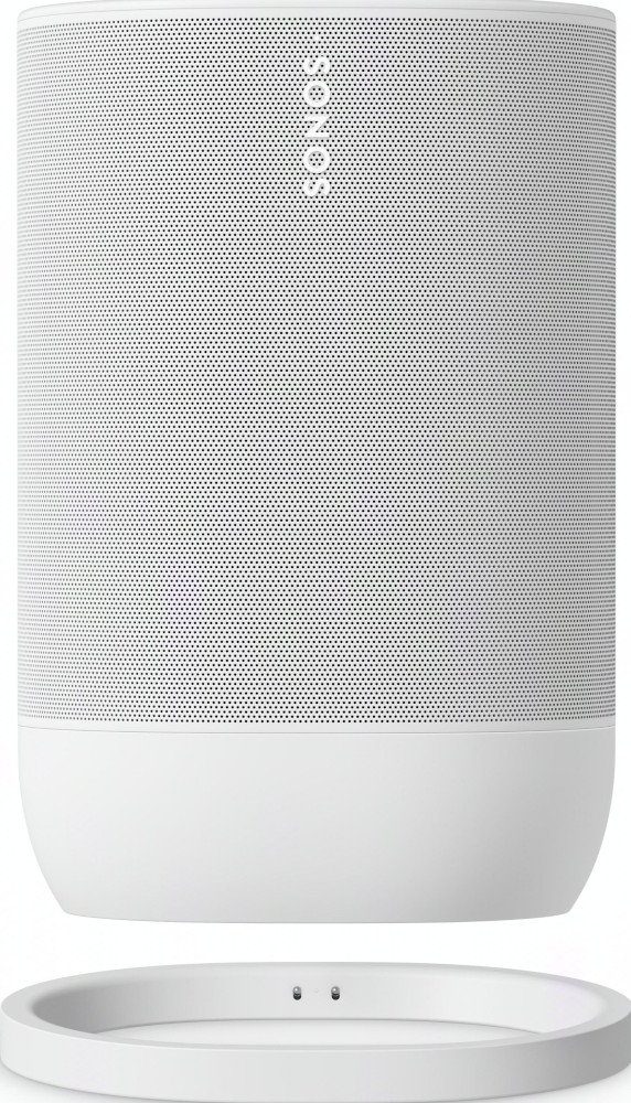 Witte Sonos-luidspreker met een cirkelvormige basis en een Sonos-logo bovenaan.