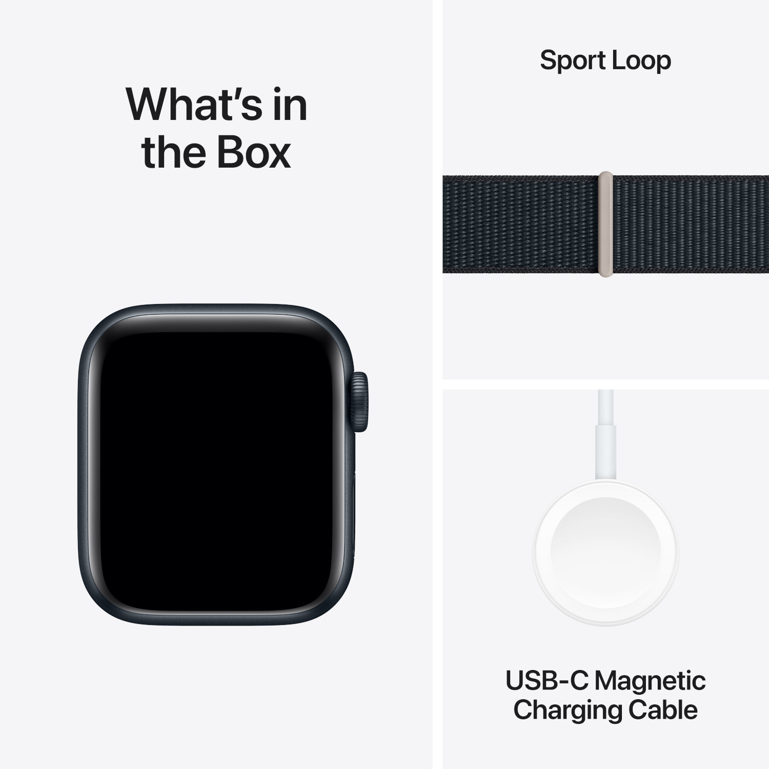 Contenu de la boîte Apple Watch : montre, bracelet Sport Loop et câble de charge.