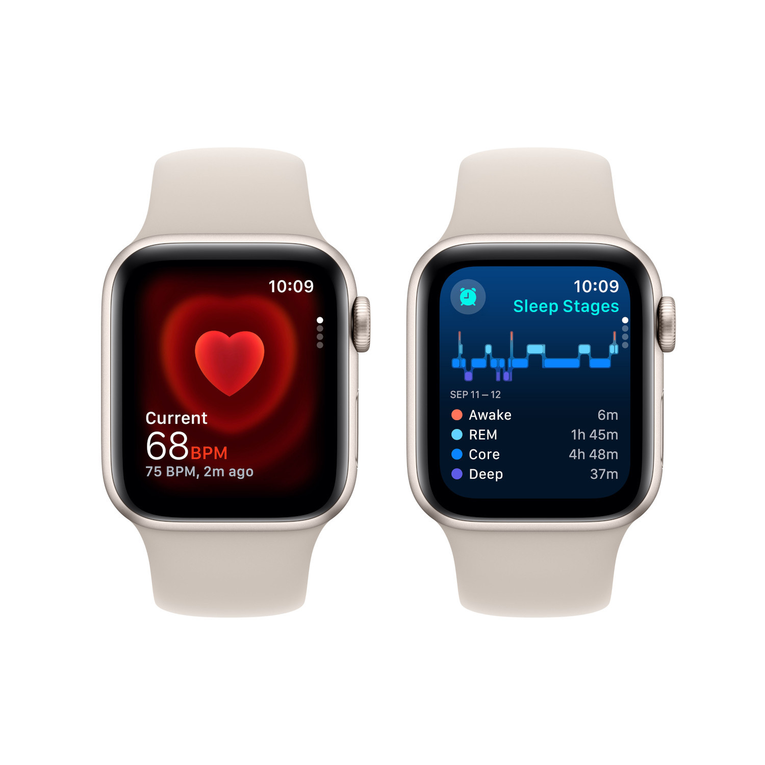 Deux Apple Watch. Gauche : fréquence cardiaque affichée. Droite : graphique des phases de sommeil affiché. Les deux ont un bracelet clair.