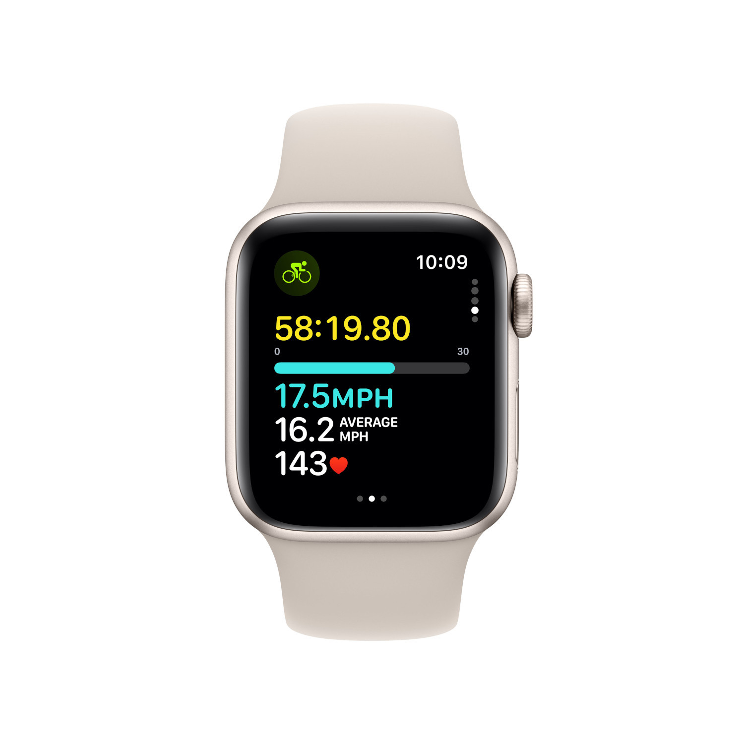 Apple Watch affichant les données de cyclisme : temps, vitesse et fréquence cardiaque. Bracelet beige. Fond blanc.