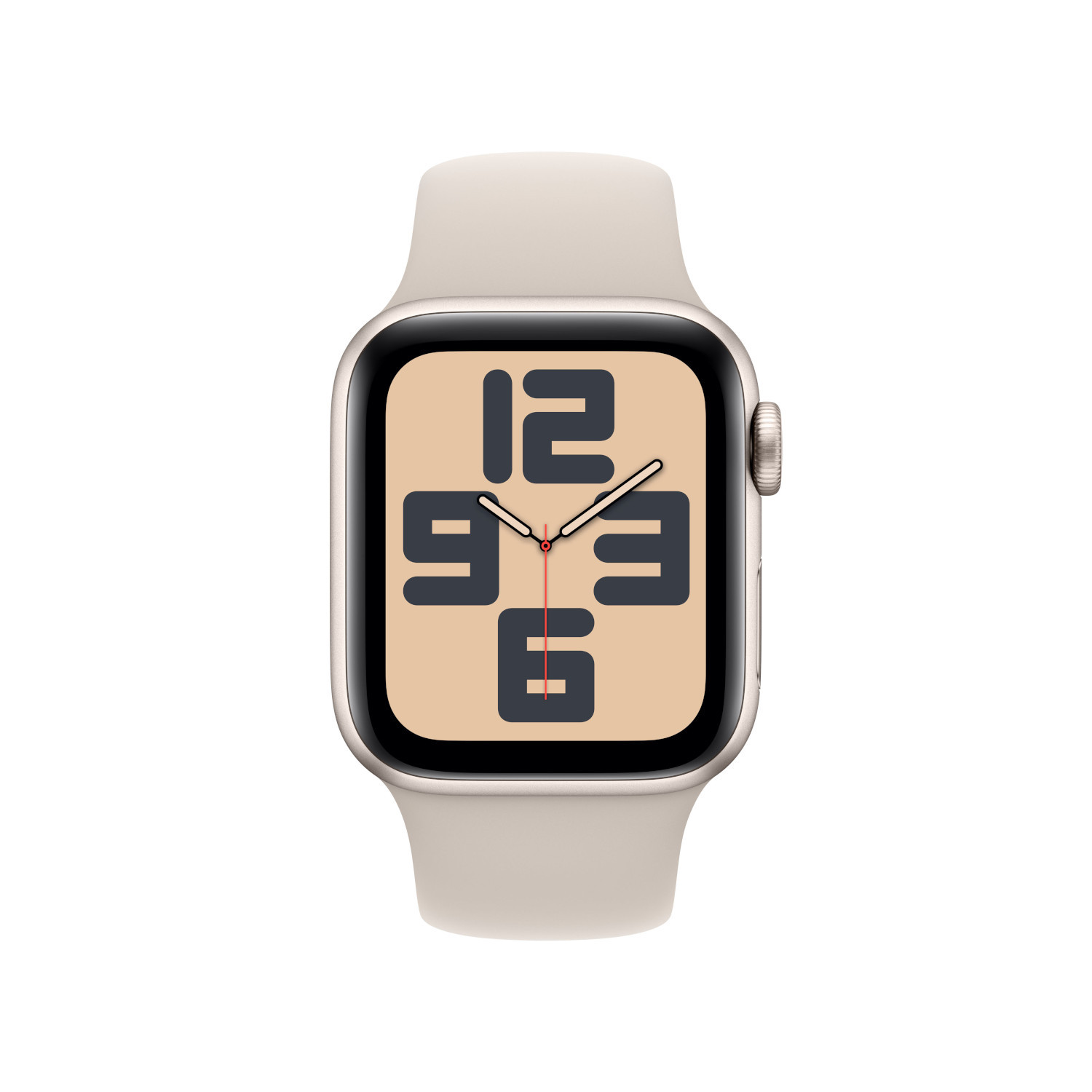 Apple Watch met beige bandje en wijzerplaat met grote cijfers, op een witte achtergrond.