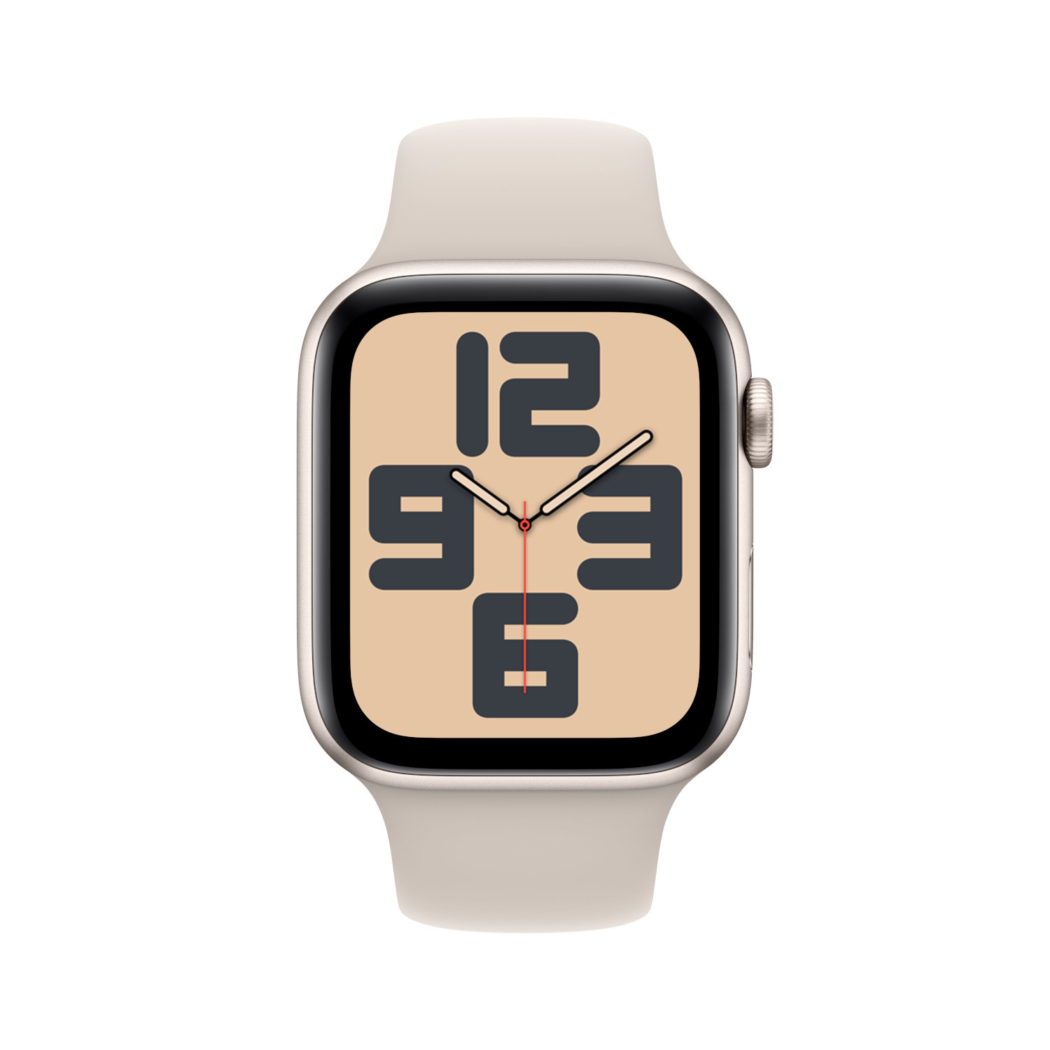 Een smartwatch met een beige band toont een wijzerplaat met grote, donkergrijze cijfers.