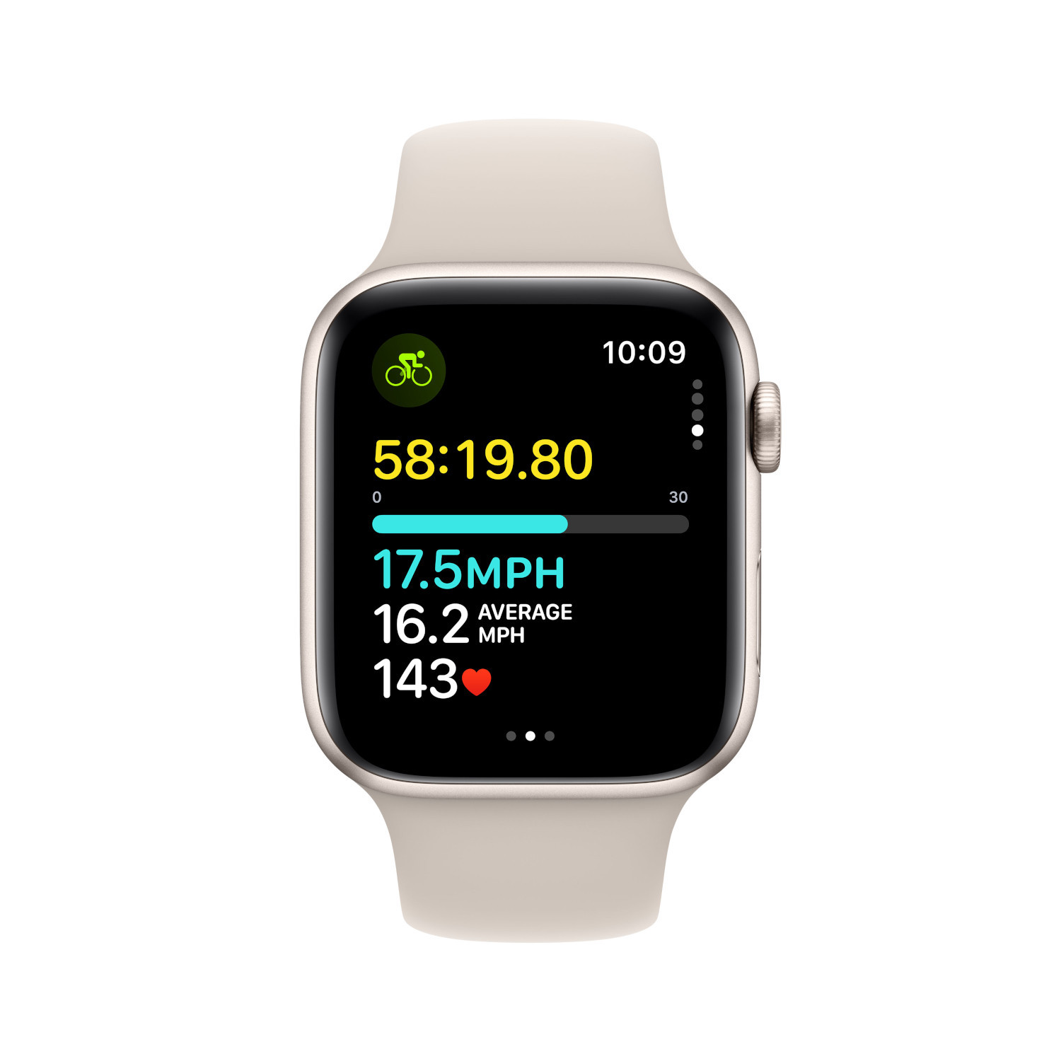 Een Apple Watch toont fitnessgegevens: tijd, snelheid, hartslag en type training.