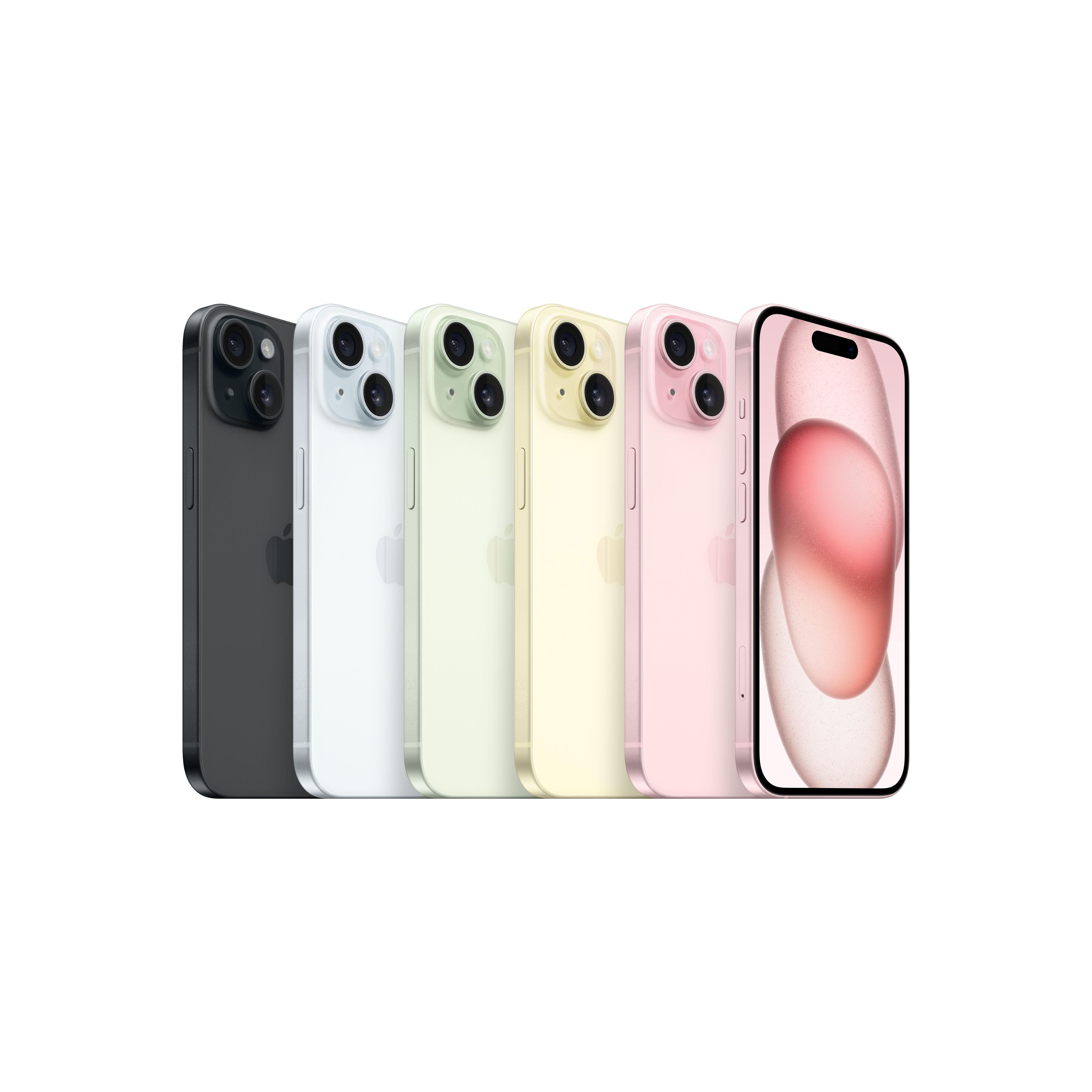 Sechs iPhones in verschiedenen Farben, die Seitenansicht mit der Kamerahöcker zeigend.
