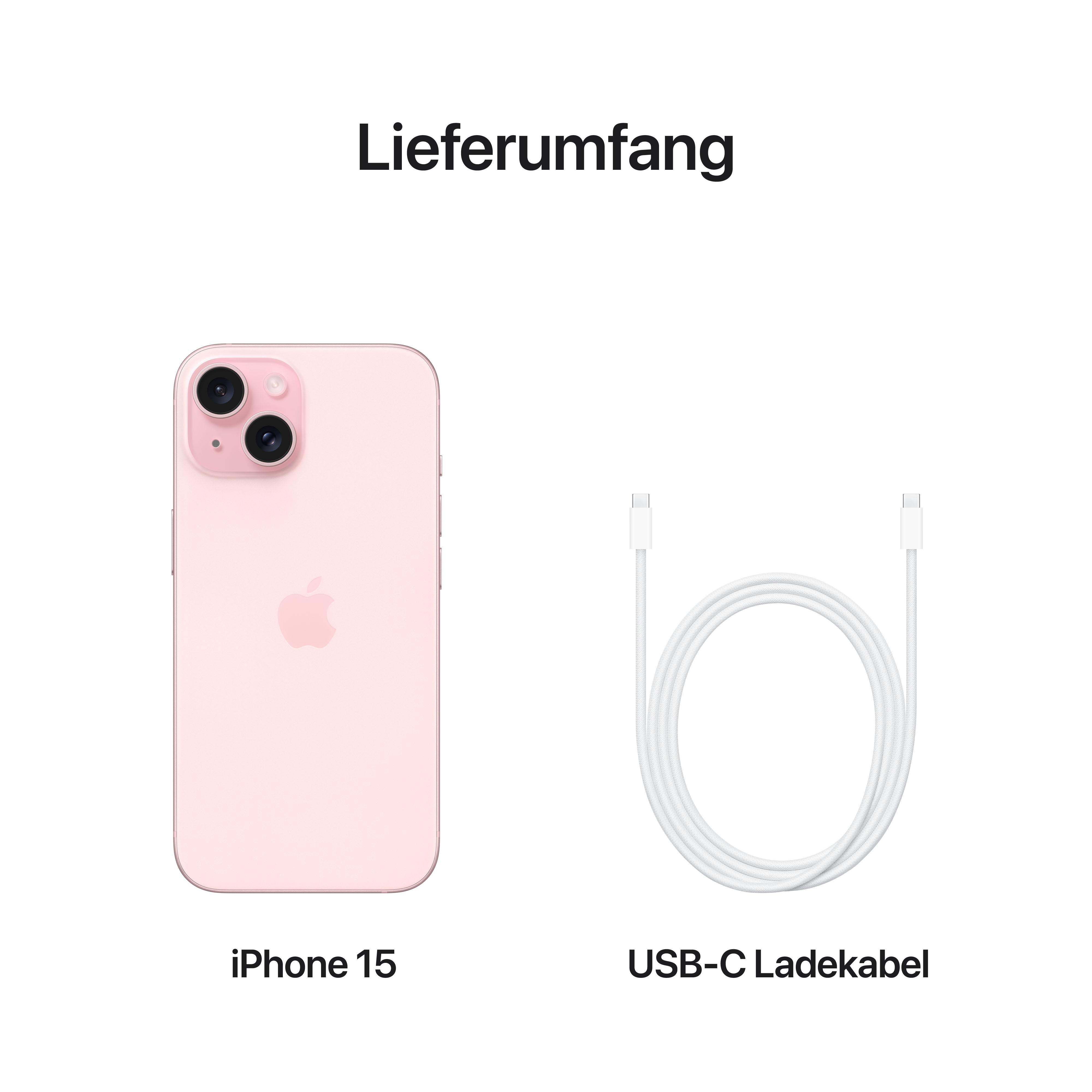 Das iPhone 15 und ein USB-C-Ladekabel werden auf weißem Hintergrund gezeigt.