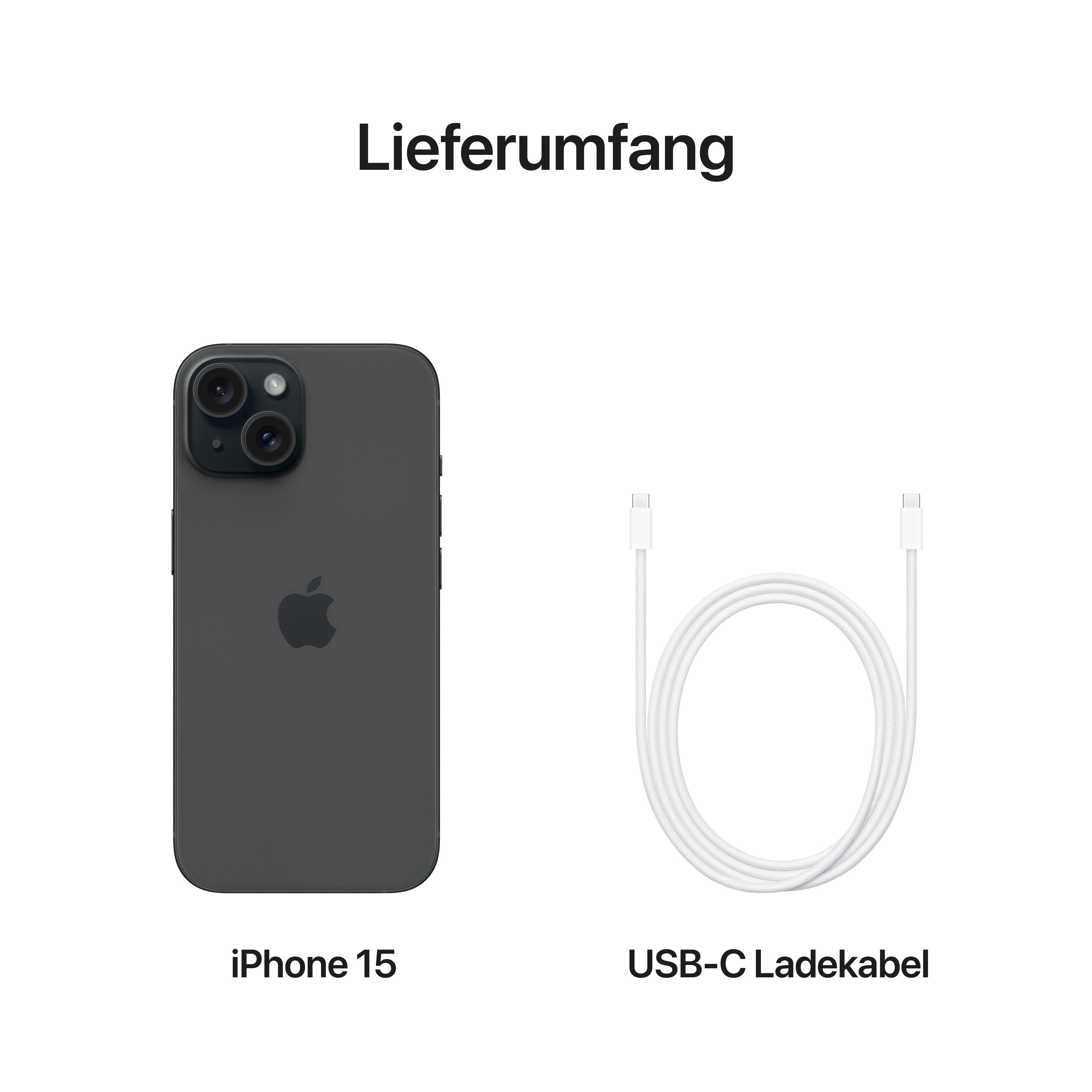 iPhone 15 und ein USB-C-Ladekabel werden auf weißer Oberfläche angezeigt.