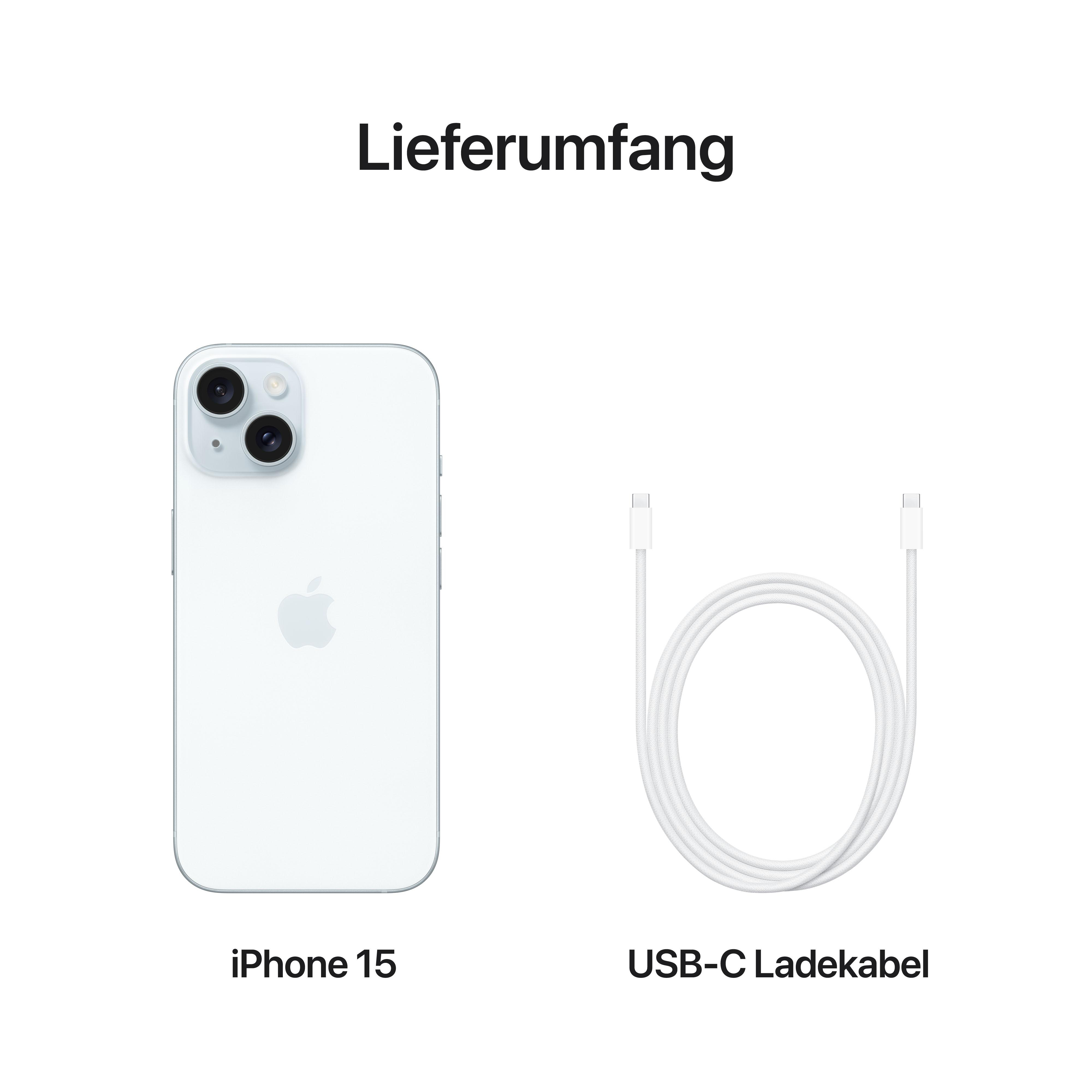 Weißes iPhone 15 und ein weißes USB-C-Ladekabel, beschriftet auf Deutsch.
