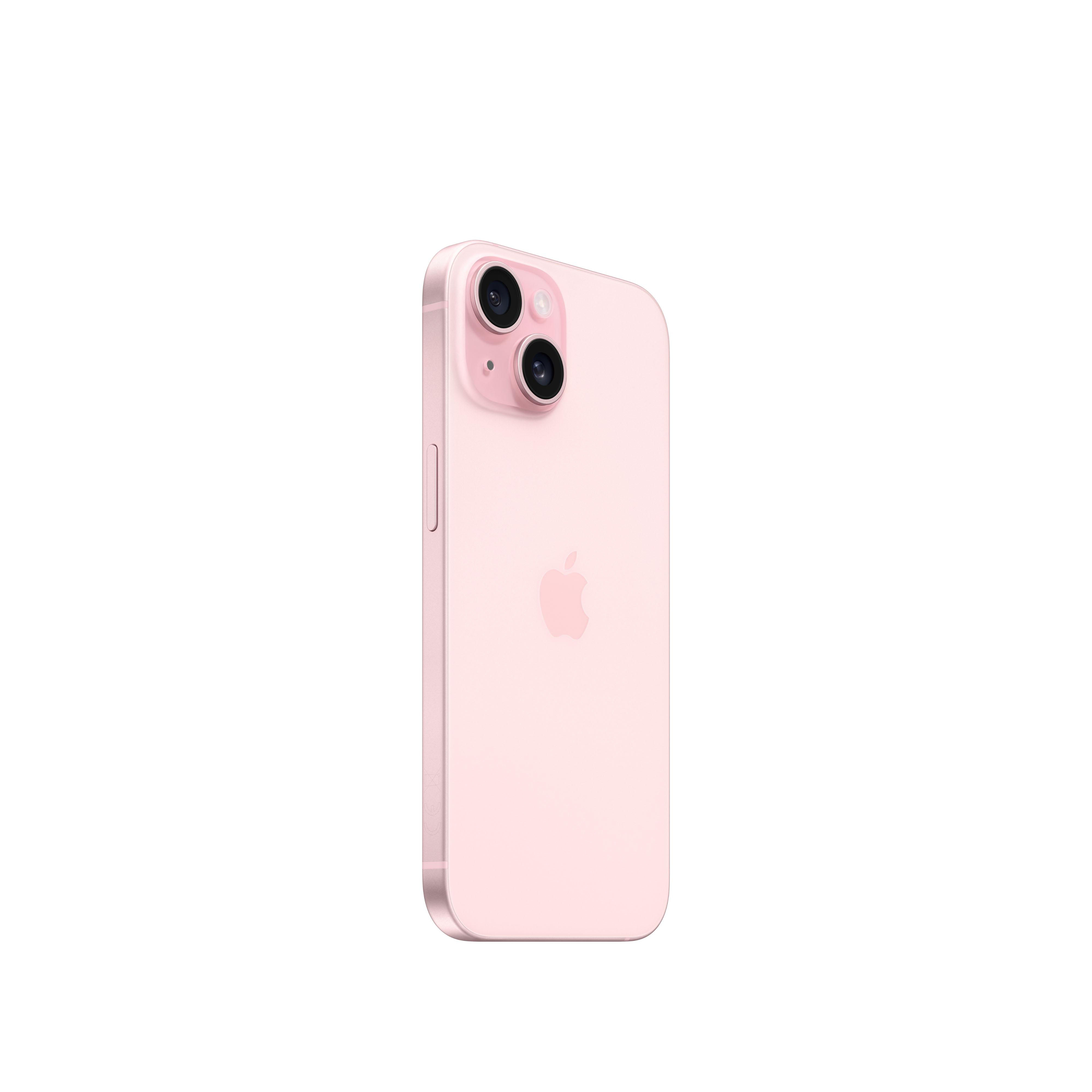 Rosa iPhone 14, Rückansicht, mit Apple-Logo und Kameraeinrichtung sichtbar.