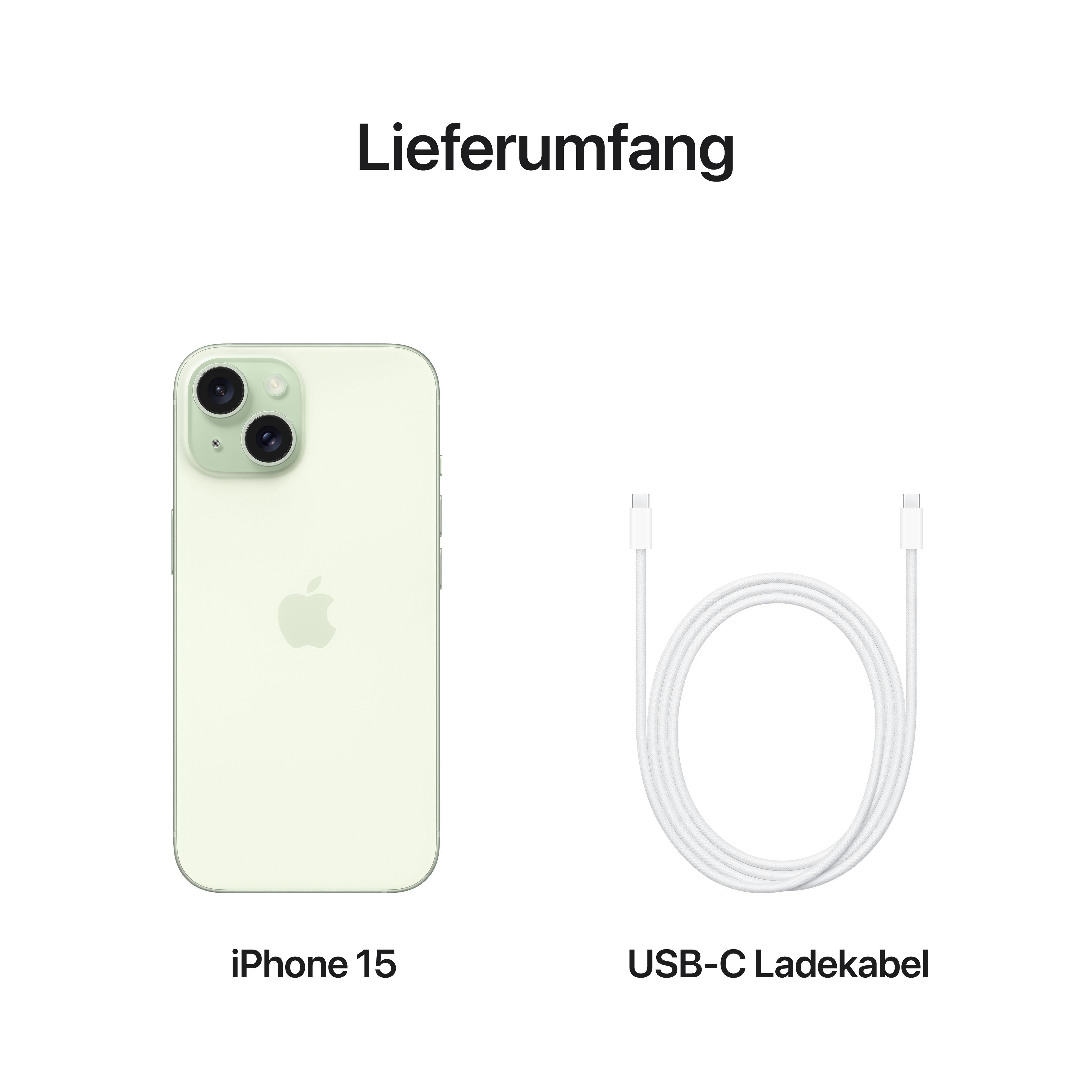 Ein grünes iPhone 15 und ein USB-C-Ladekabel werden vor weißem Hintergrund gezeigt, was den Inhalt der Box verdeutlicht.