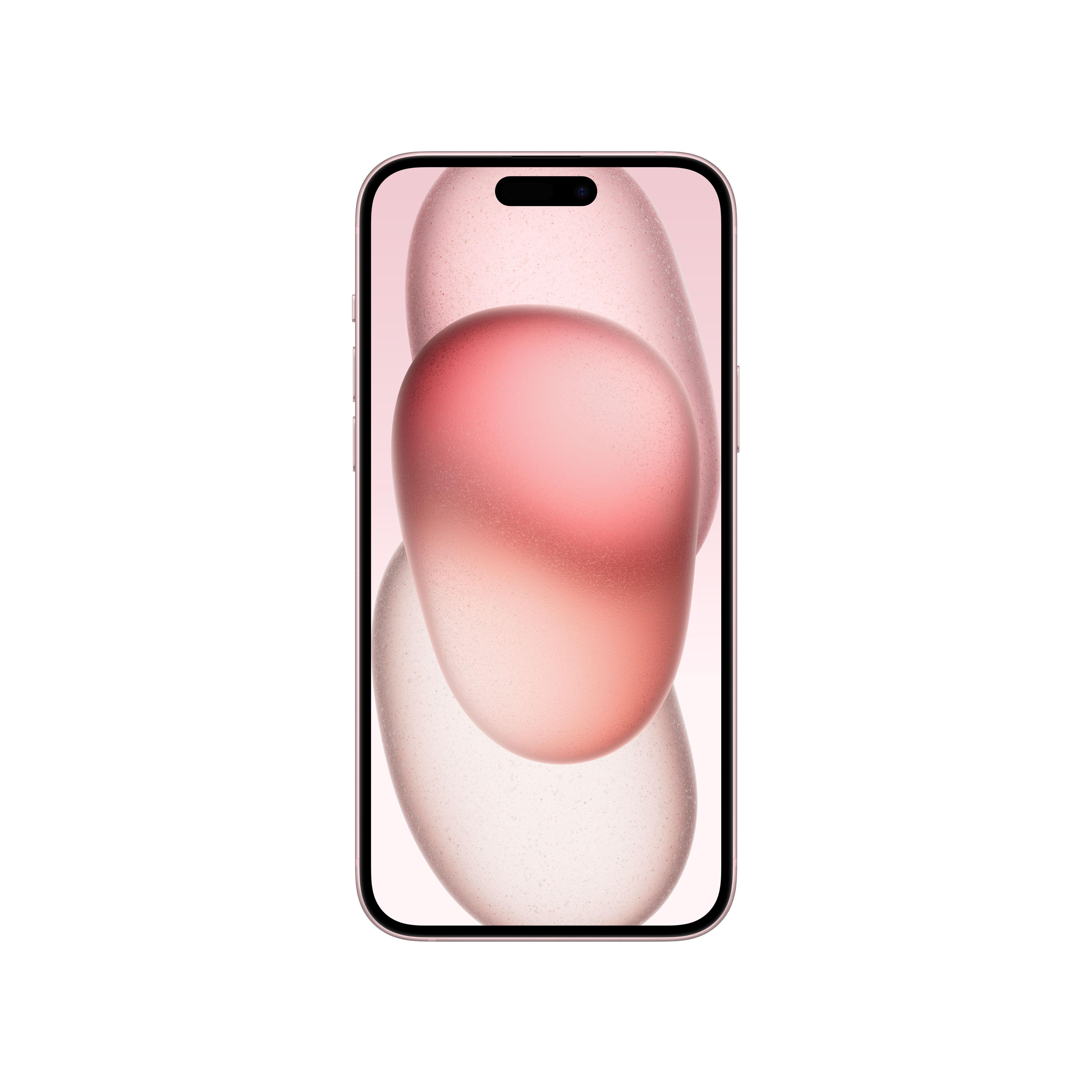 Roségoldenes iPhone mit Display, das abstrakte rosa Formen zeigt, Frontansicht.