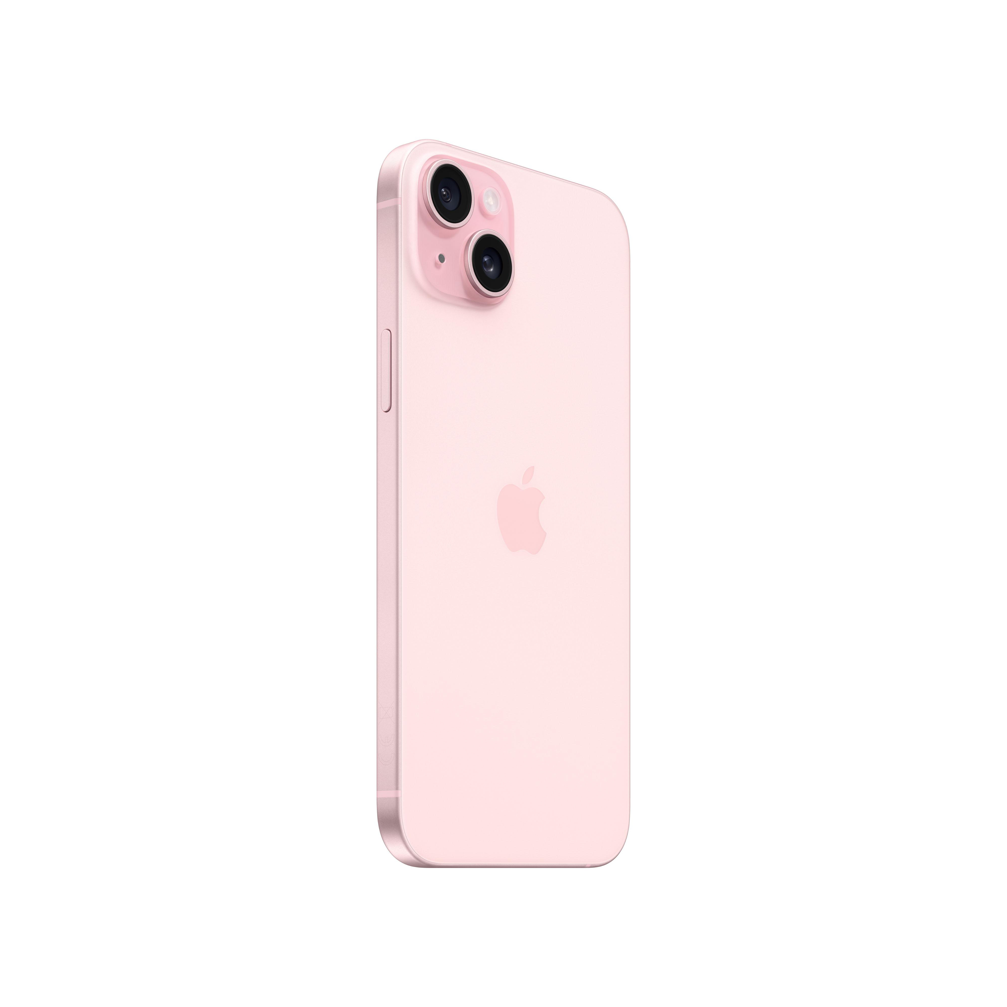 Ein pinkes iPhone, Rückansicht, mit Dual-Kameras und dem Apple-Logo auf weißem Hintergrund.