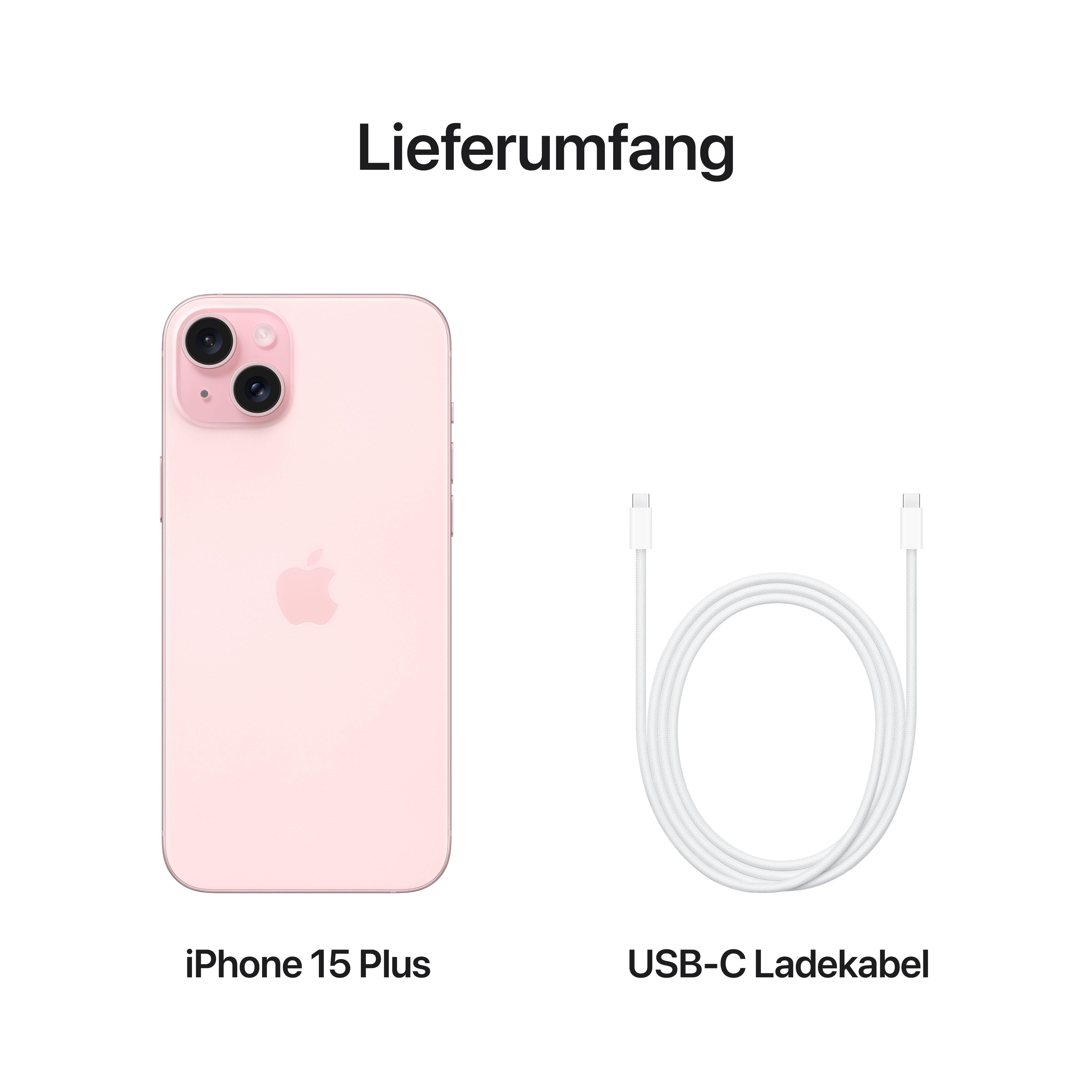 Die Rückseite eines pinkfarbenen Smartphones und ein weißes Ladekabel, mit Text darüber, auf weißem Hintergrund.