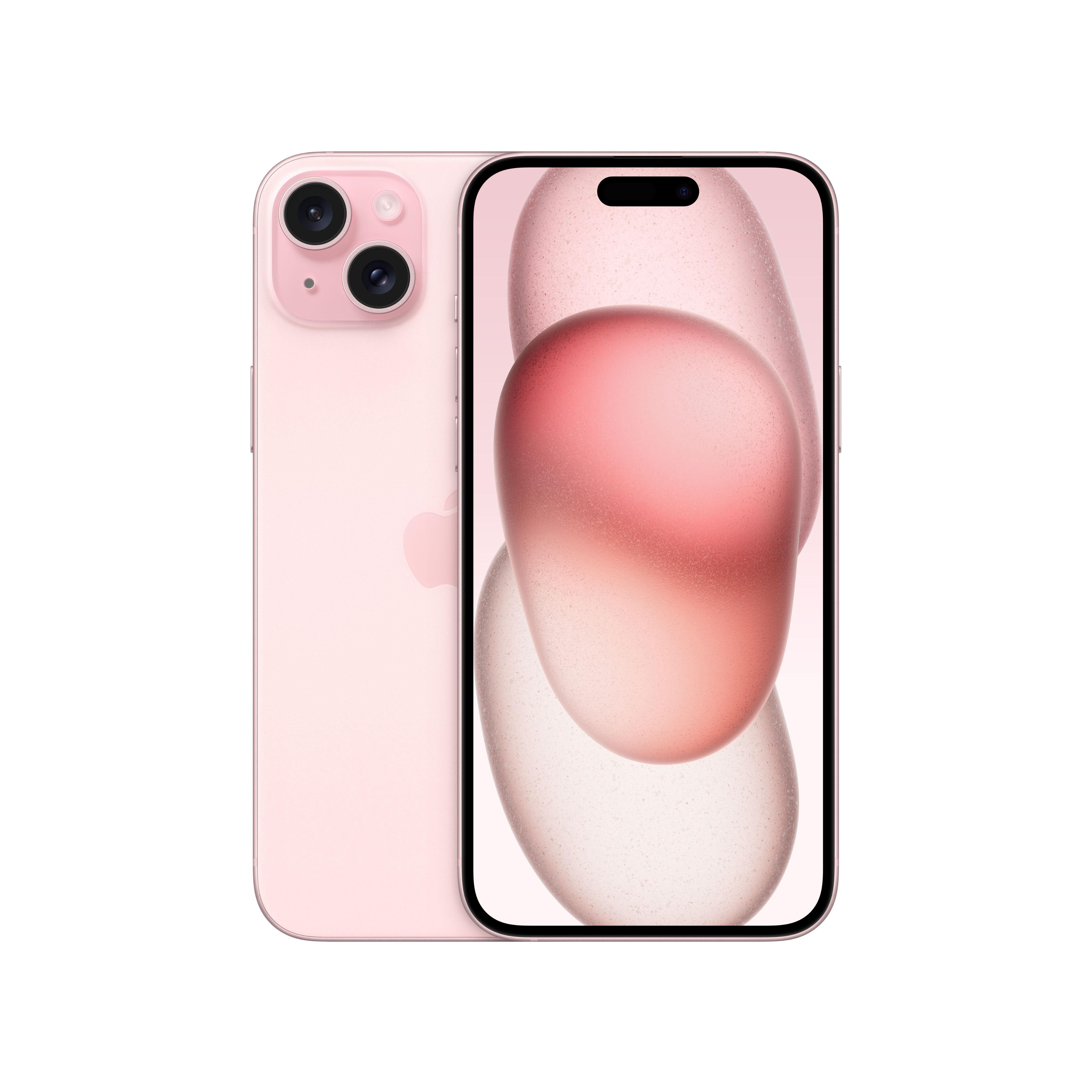 Rosa iPhone mit Dual-Kamera, Bildschirm zeigt rosa abstrakte Formen.