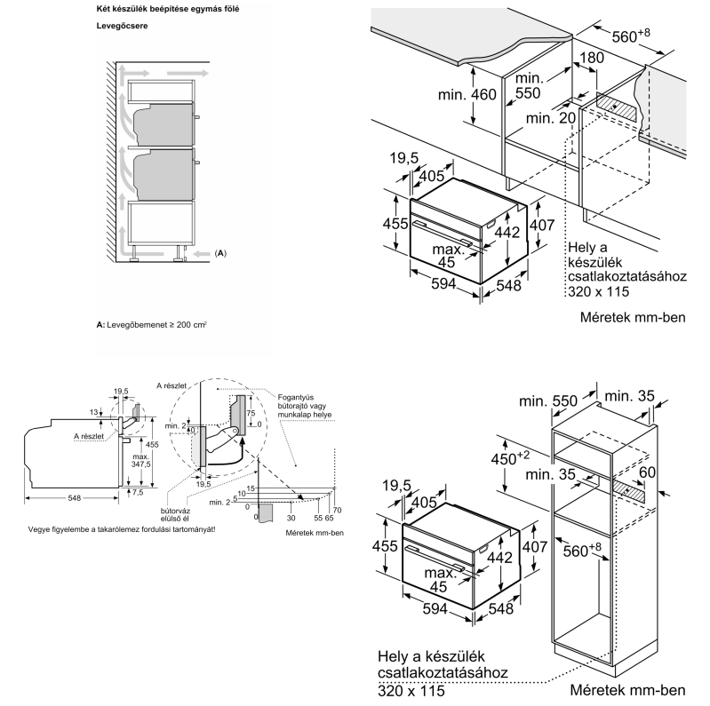 Konyhai készülékek beépítésének műszaki rajza. Méreteket és diagramokat tartalmaz a beépíthető sütőhöz és szellőzőrendszerekhez.