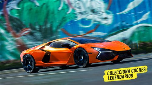 Un coche Lamborghini naranja acelerando en una carretera. El fondo tiene graffiti.