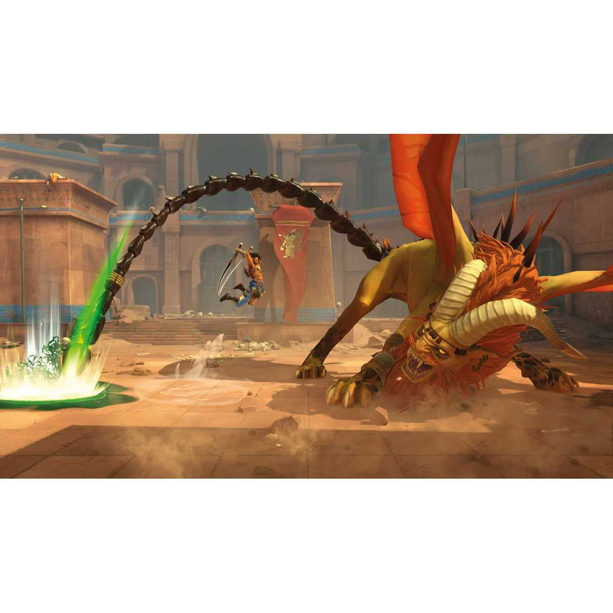 Un guerrero salta sobre un dragón, luchando en un desierto. Una explosión verde es visible.