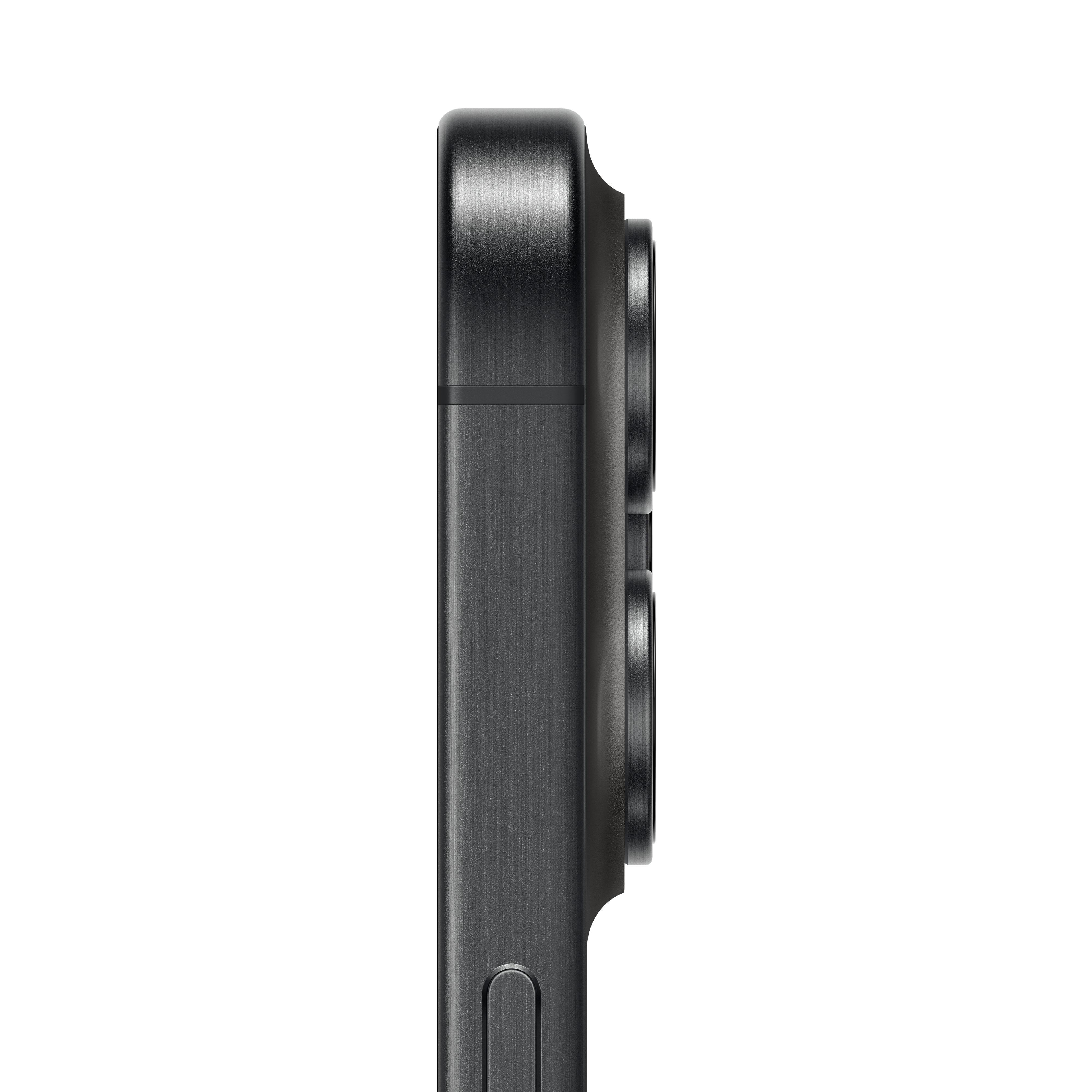 Nahaufnahme der Seite eines schwarzen iPhones mit drei Kameralinsen.