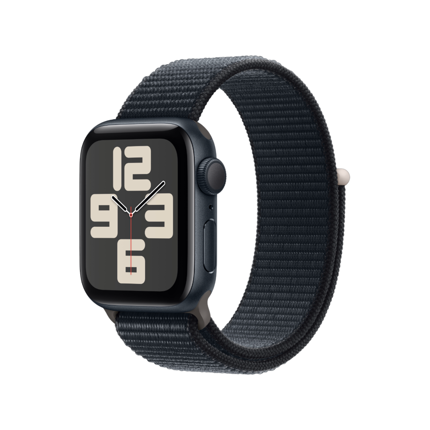Een donkerblauwe Apple Watch met een donkerblauwe band. De wijzerplaat toont de tijd 12:36.