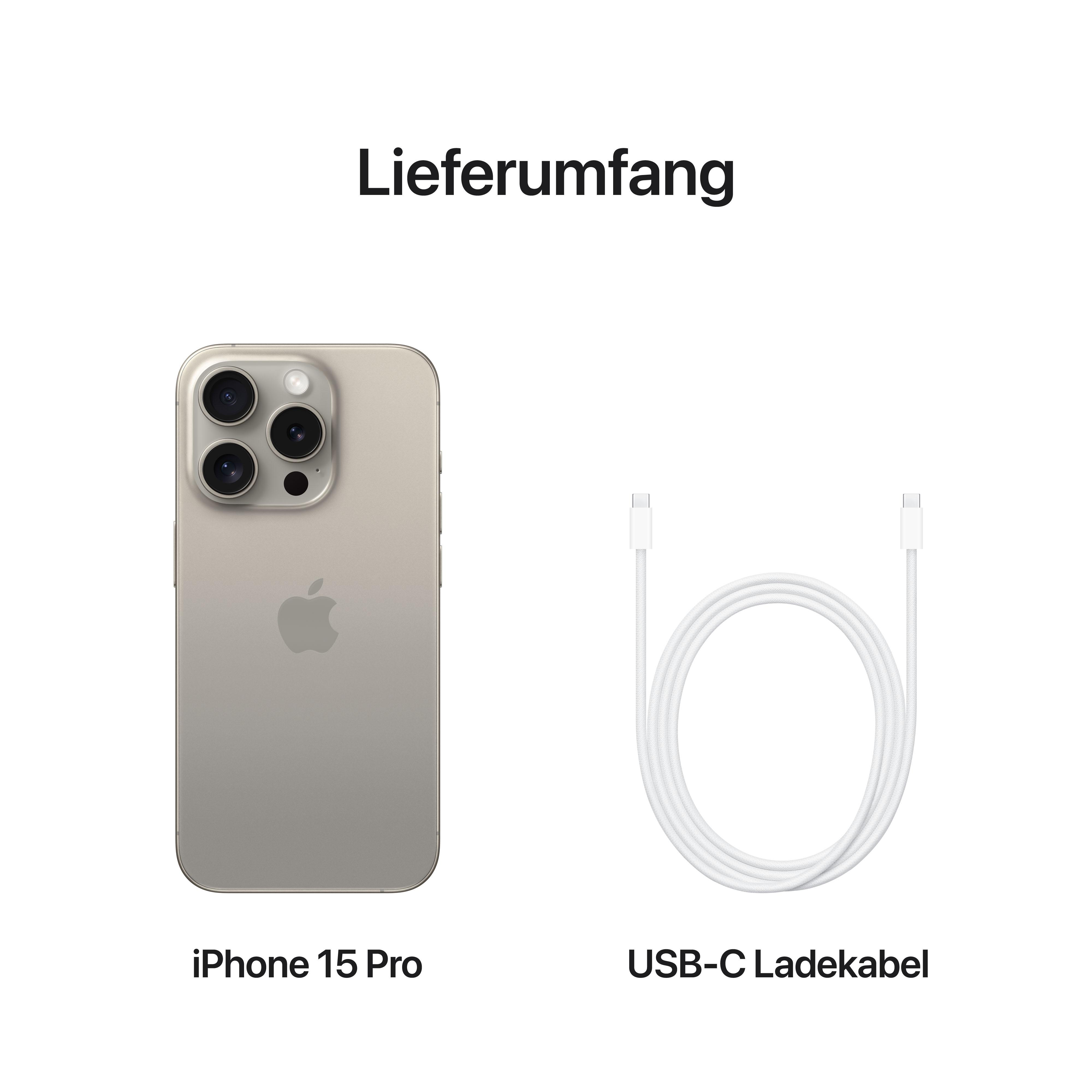 iPhone 15 Pro und USB-C Ladekabel, darüber das deutsche Wort "Lieferumfang".