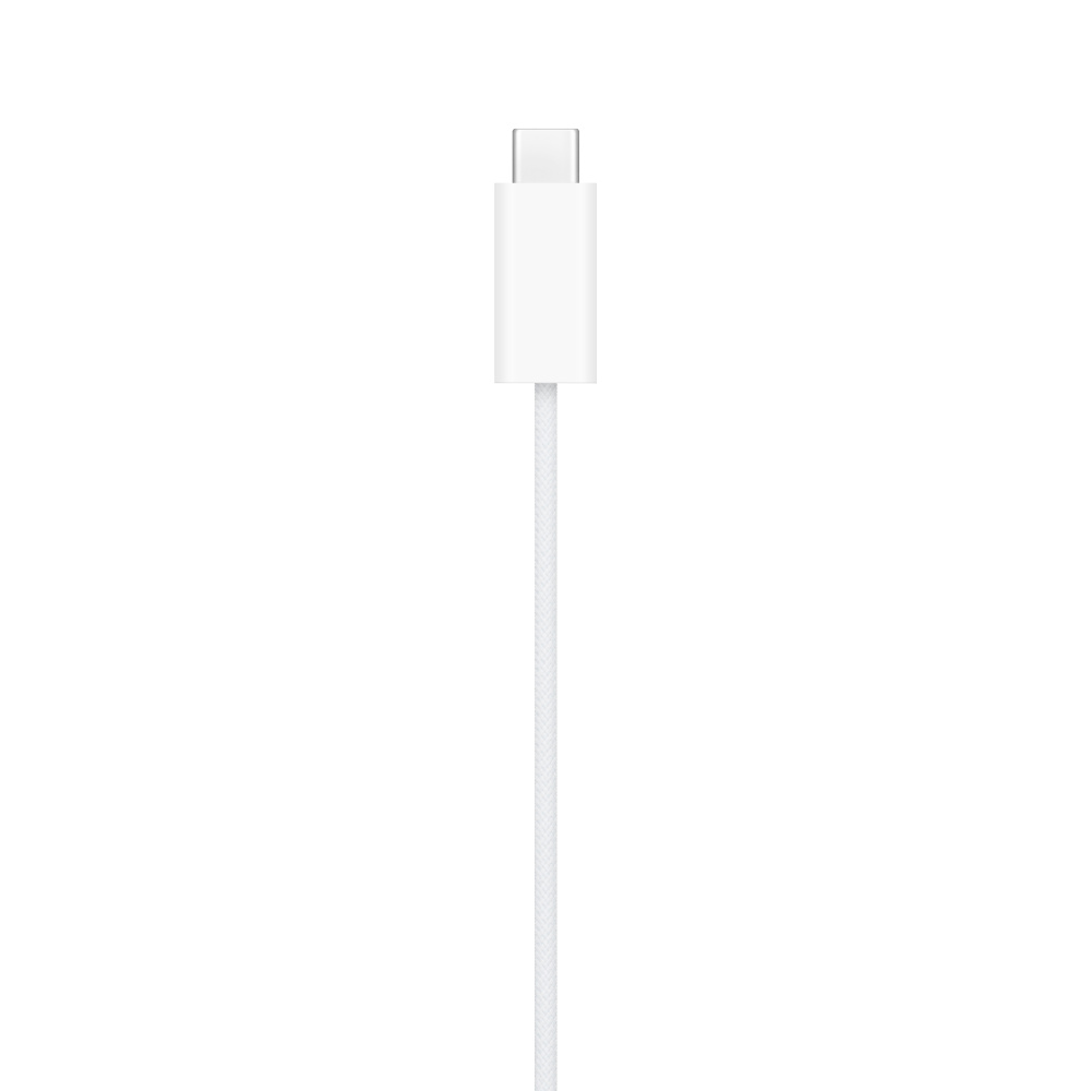Un cable de carga blanco con un conector USB-C en la parte superior, sobre un fondo blanco.
