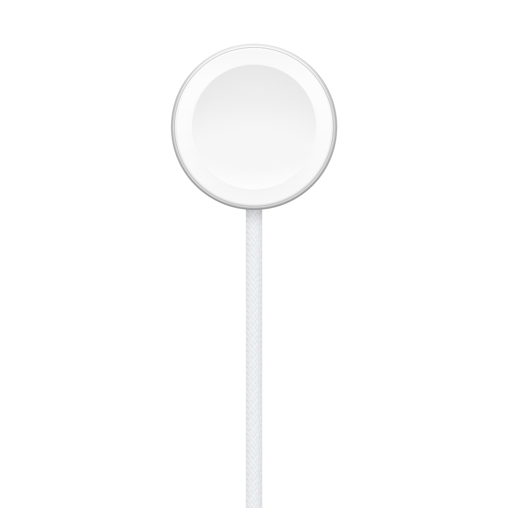 Un disco de carga blanco de Apple con un cable blanco sobre un fondo blanco.