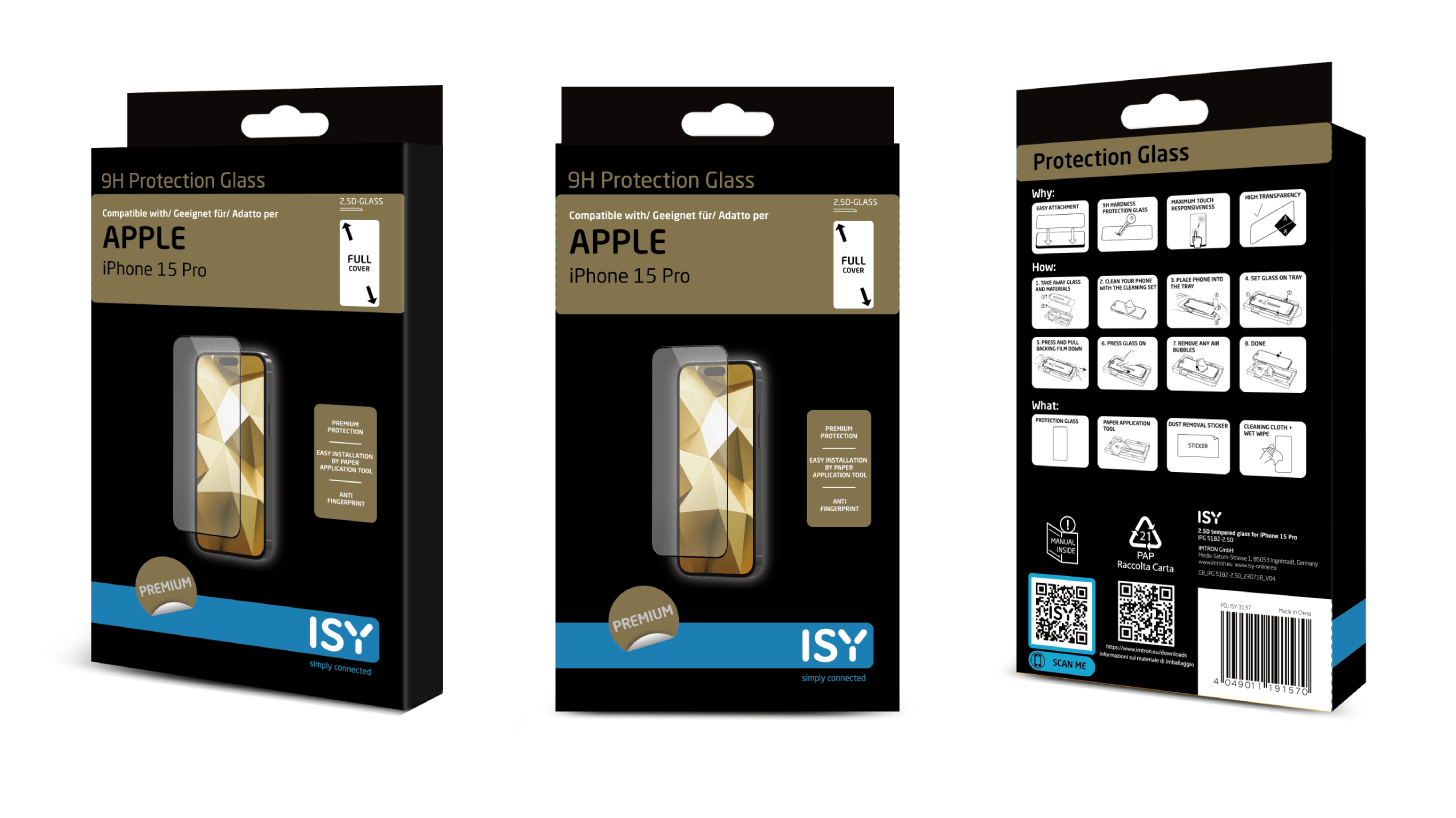 Tres vistas de caja de cristal protector 9H para iPhone. Diseño negro y dorado, instrucciones atrás.