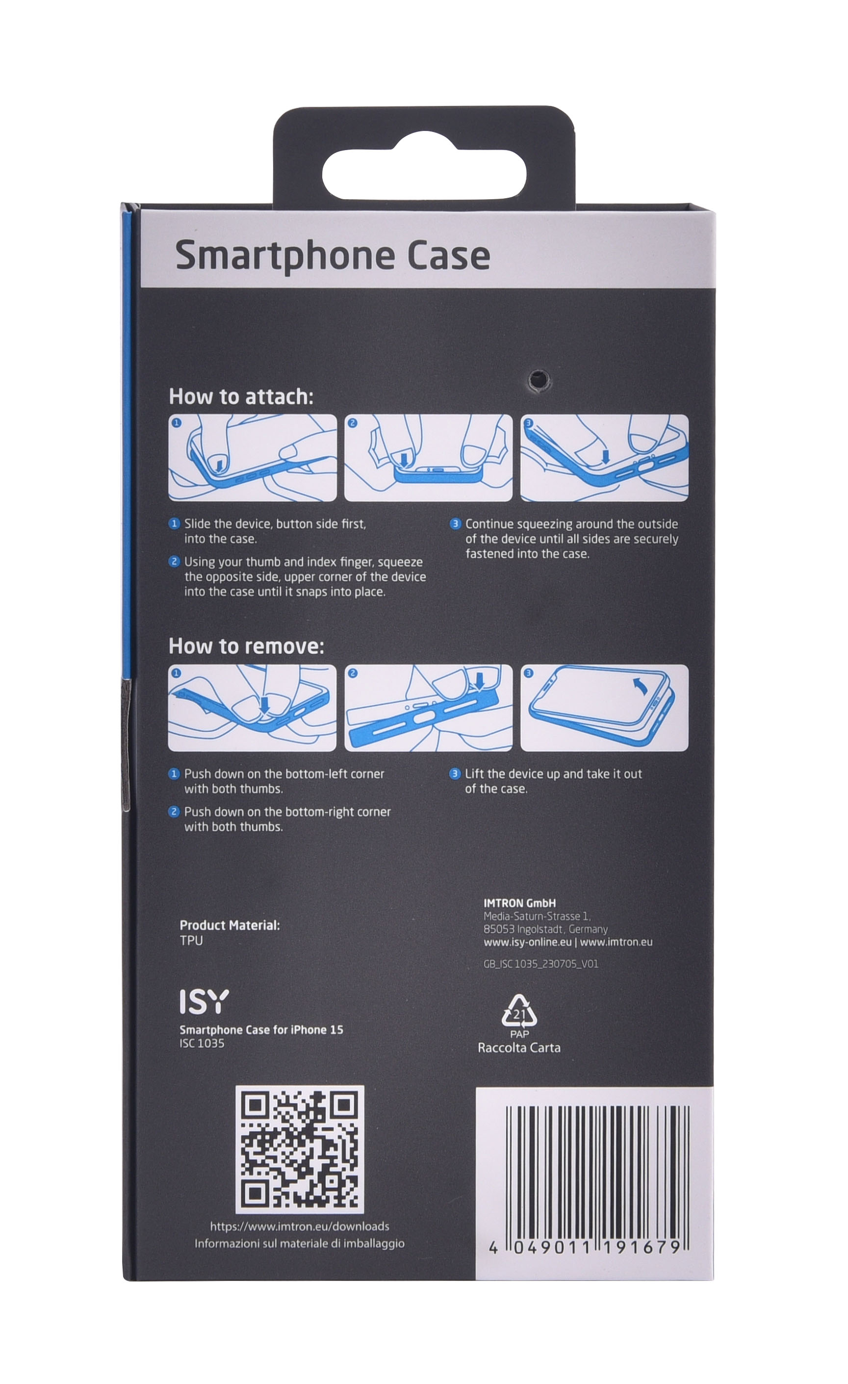 Empaque de funda para smartphone con instrucciones. Incluye imágenes y texto en varios idiomas.