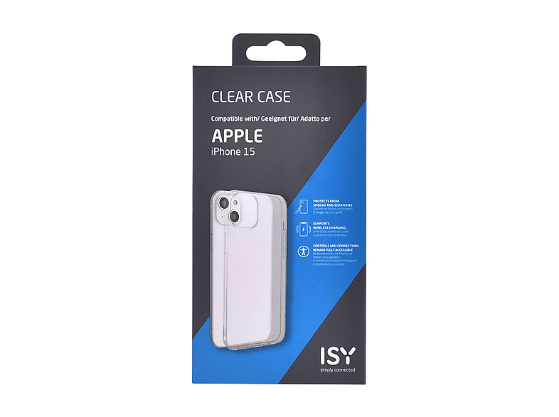 Funda móvil - ISY Clear ISC 1035, Para iPhone 15, Termoplástico, Salpicaduras, Impactos, Transparente