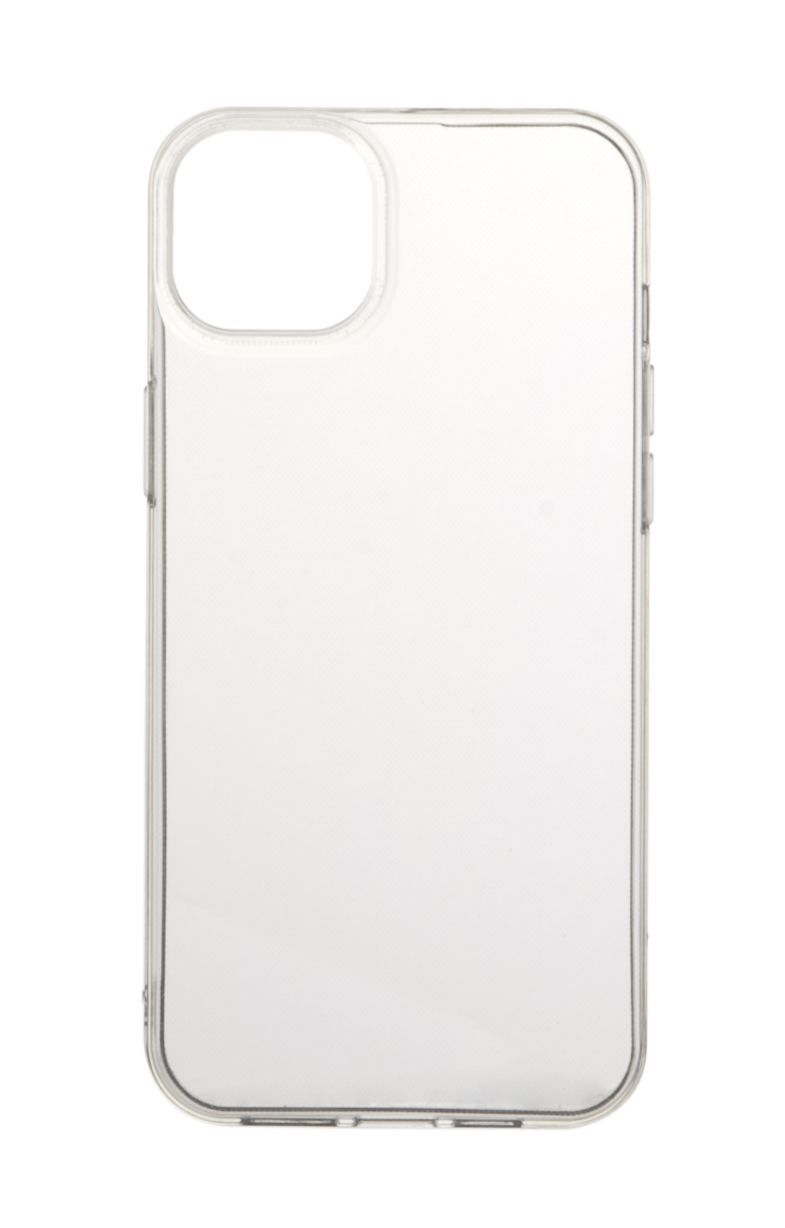 Una funda transparente para iPhone sobre un fondo blanco. La funda tiene un recorte para la cámara y aberturas para botones.