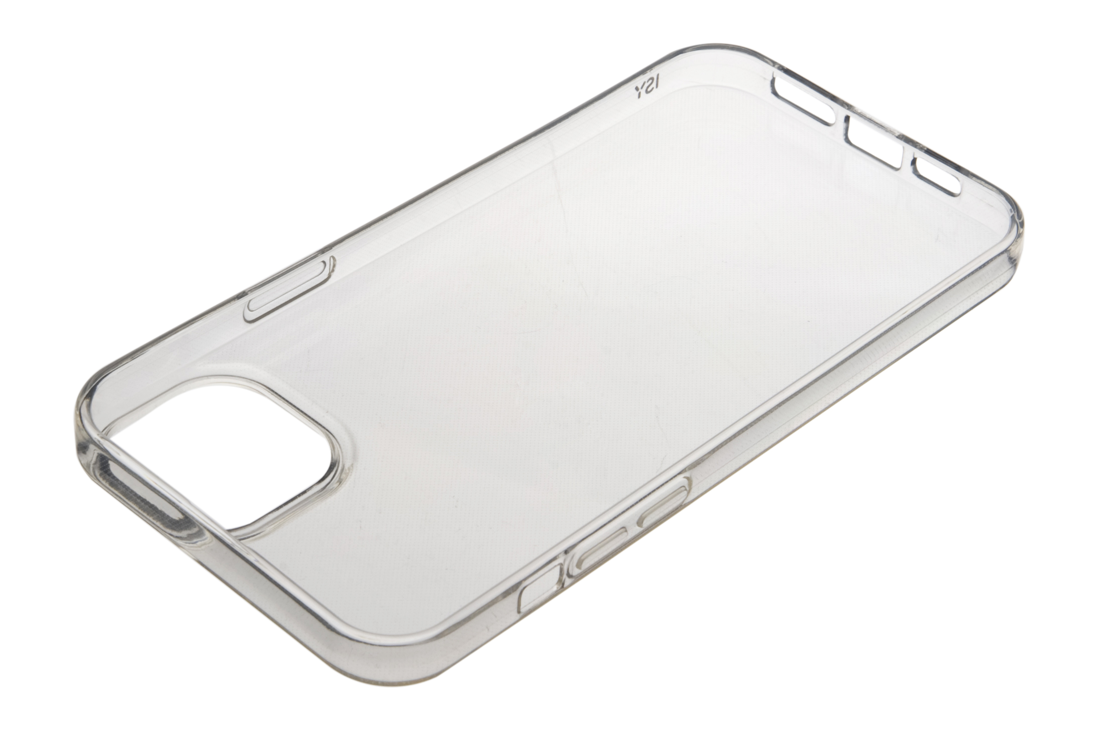 Funda de teléfono transparente, vista en ángulo. Muestra la forma, con cortes para botones y puertos.