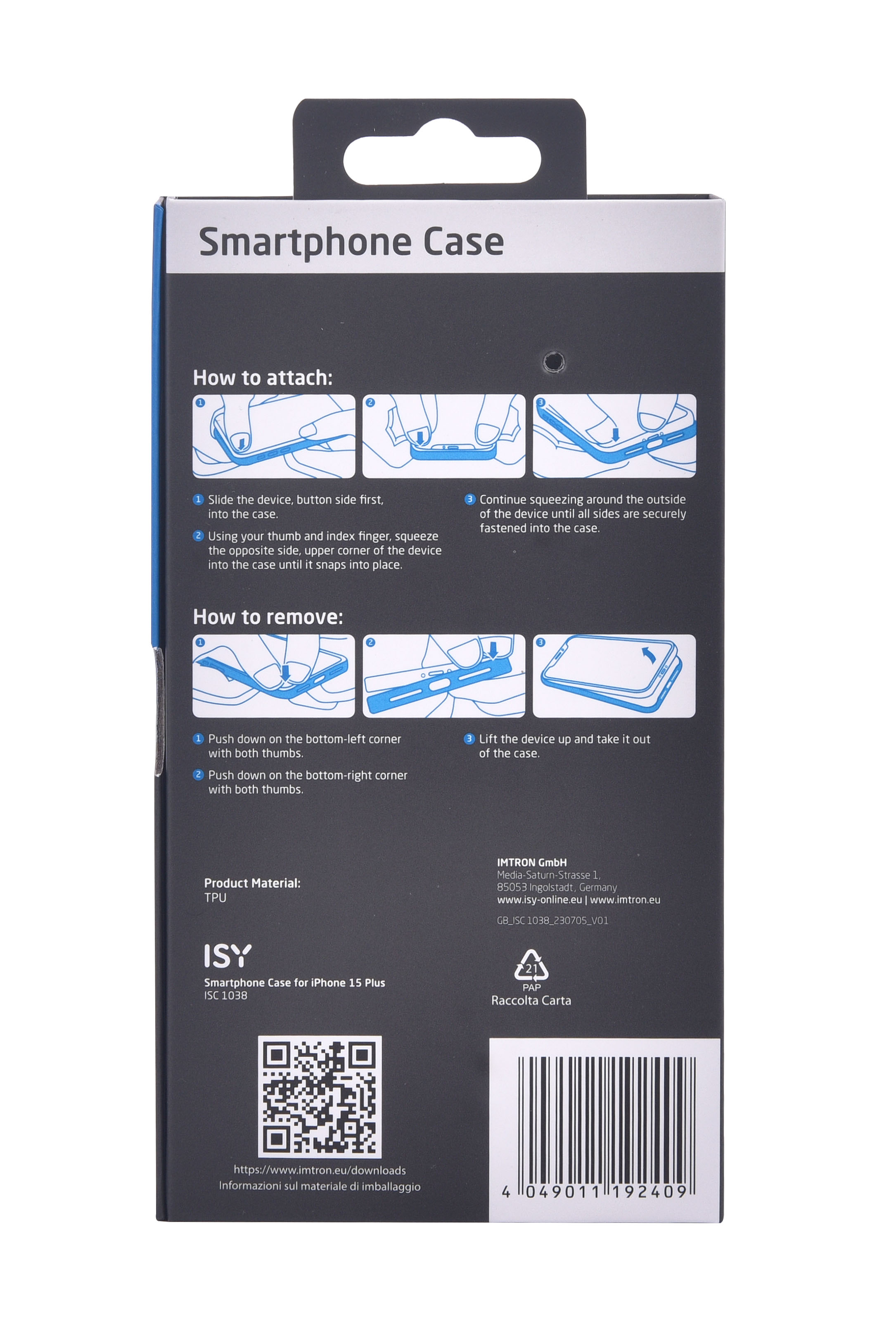 Parte trasera del embalaje de la funda del smartphone con instrucciones. La funda es negra, las instrucciones están en alemán.