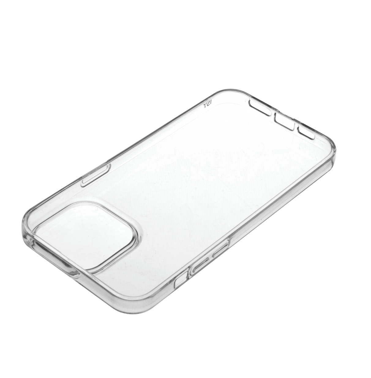 Una funda transparente para teléfono sobre fondo blanco, ligeramente inclinada.