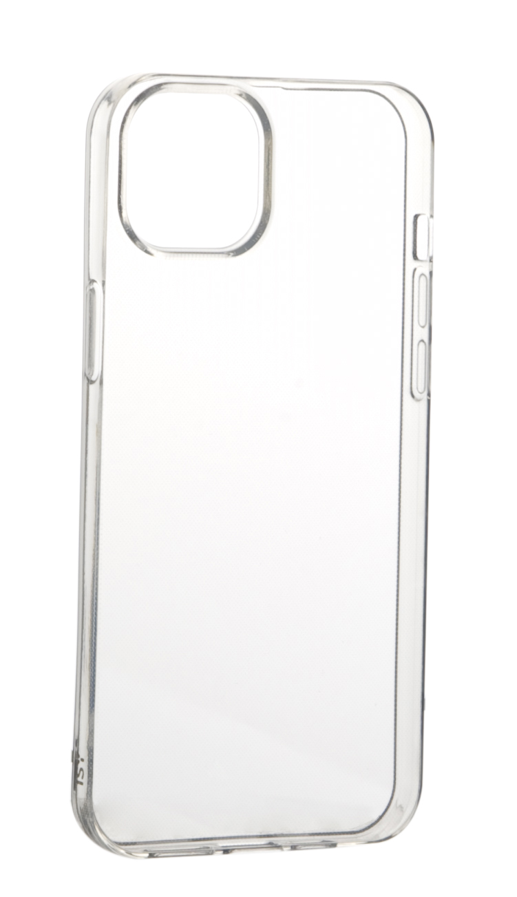 Funda transparente para teléfono. Transparente, con recorte de cámara y botones laterales. Fondo blanco.