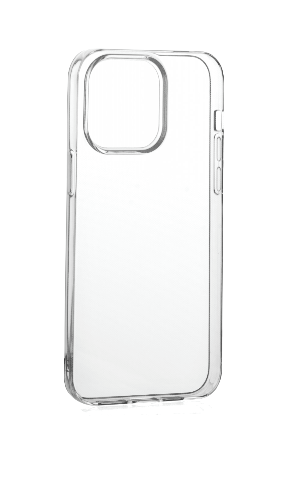 Una funda transparente para teléfono, vista de lado, destacando su diseño transparente.