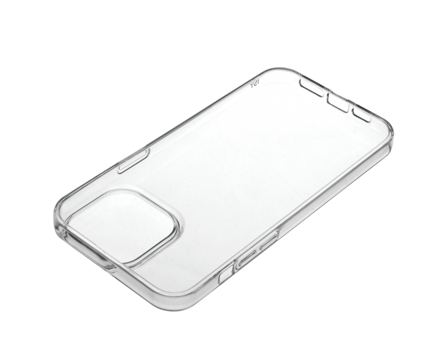 Una funda transparente para smartphone tumbada, mostrando la abertura para la cámara.