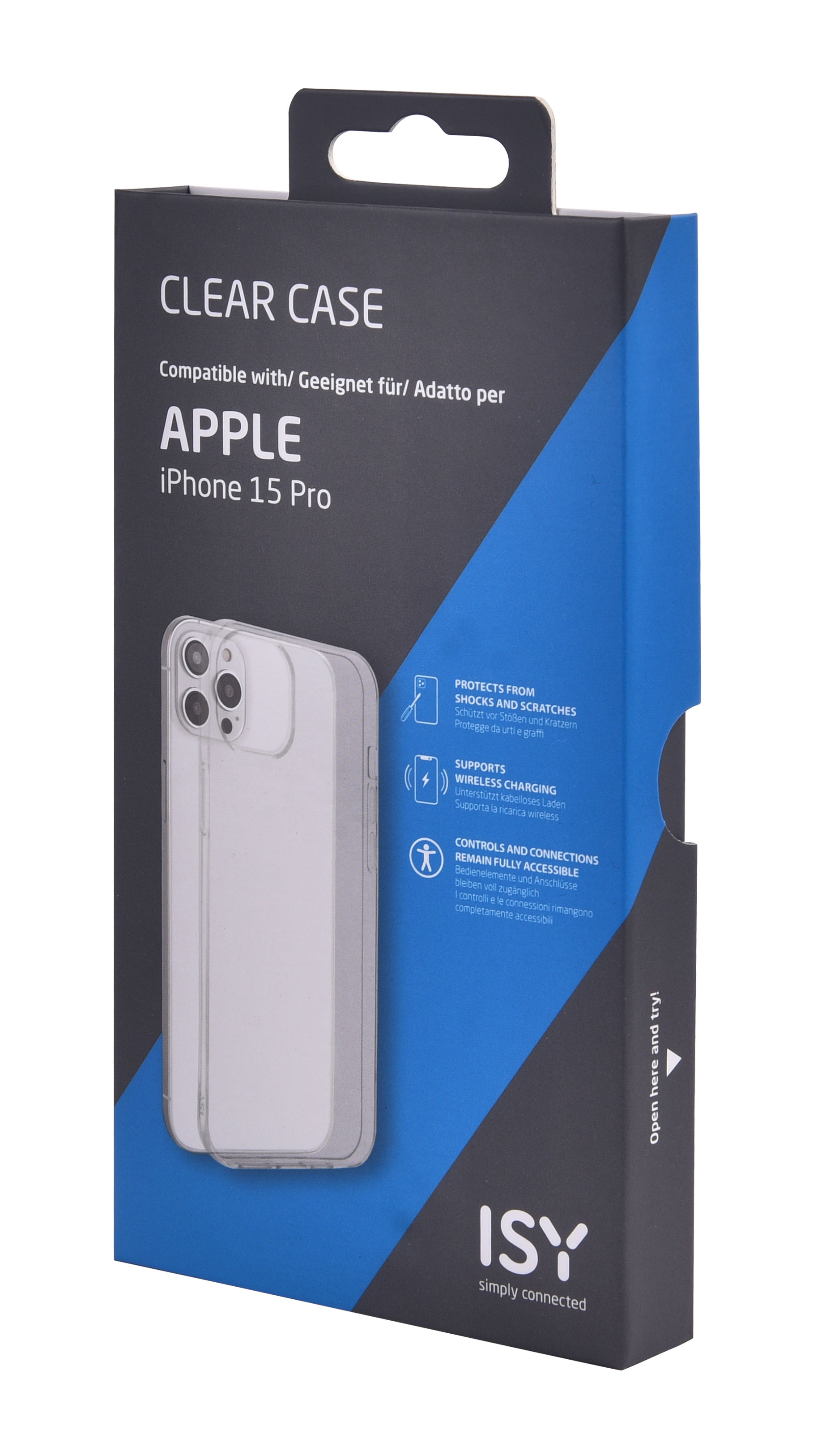 Caja de funda transparente para iPhone 15 Pro. Muestra el teléfono en la funda, con texto: funda transparente, protege de golpes, carga inalámbrica.