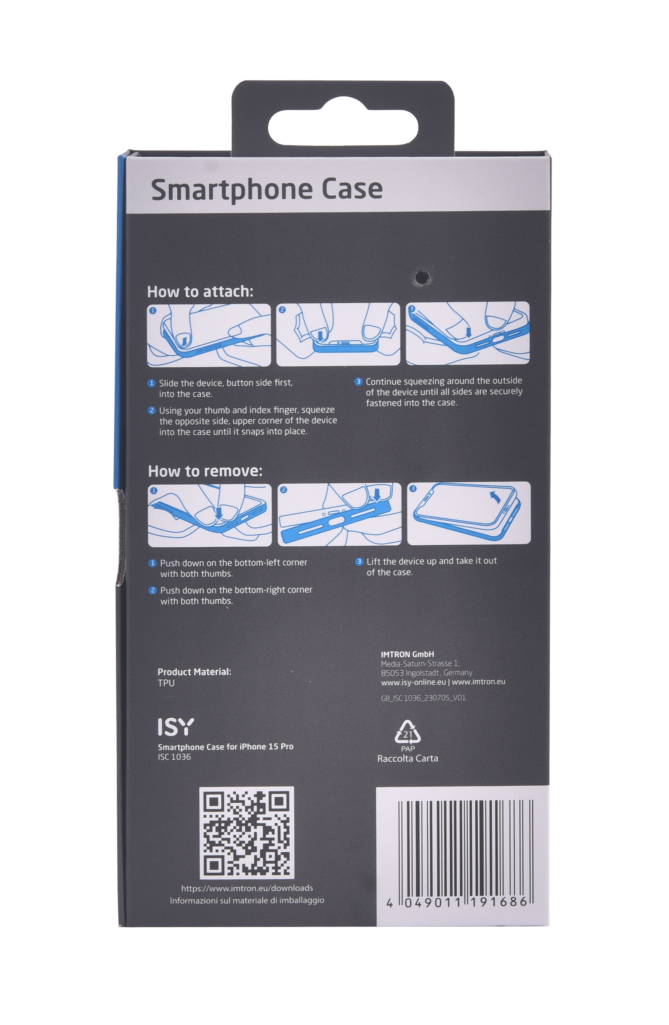 La parte trasera de una funda de teléfono inteligente con instrucciones sobre cómo colocarla y quitarla, con información del producto y un código QR.