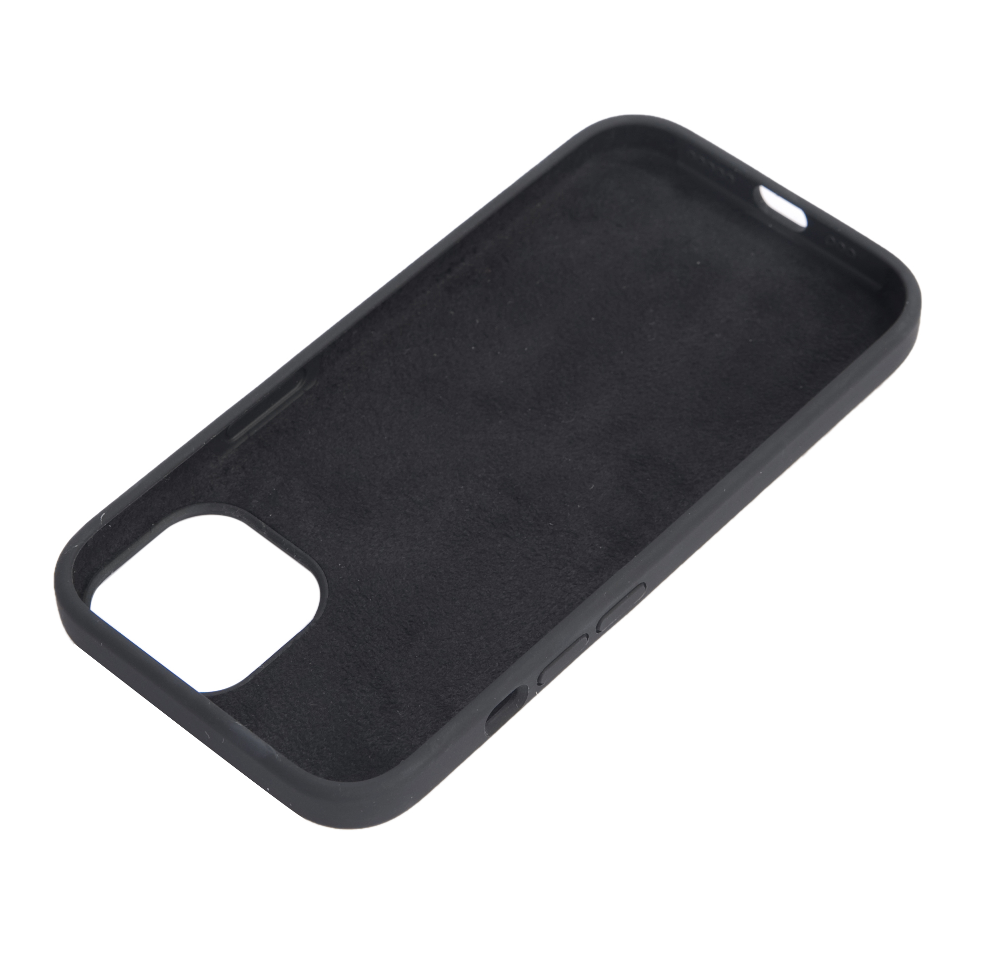 Interior de una funda negra para teléfono, mostrando el interior.