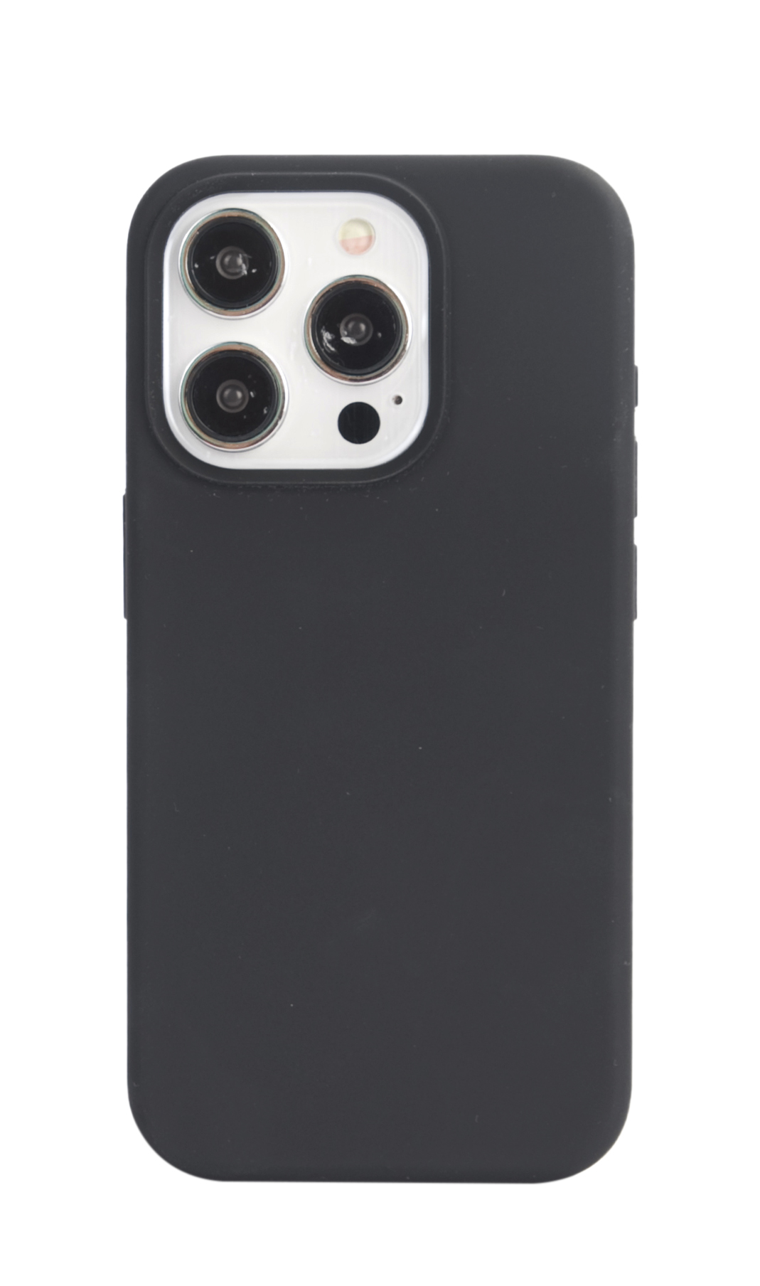 Una funda de teléfono negra sobre un fondo blanco, con recortes para la cámara.