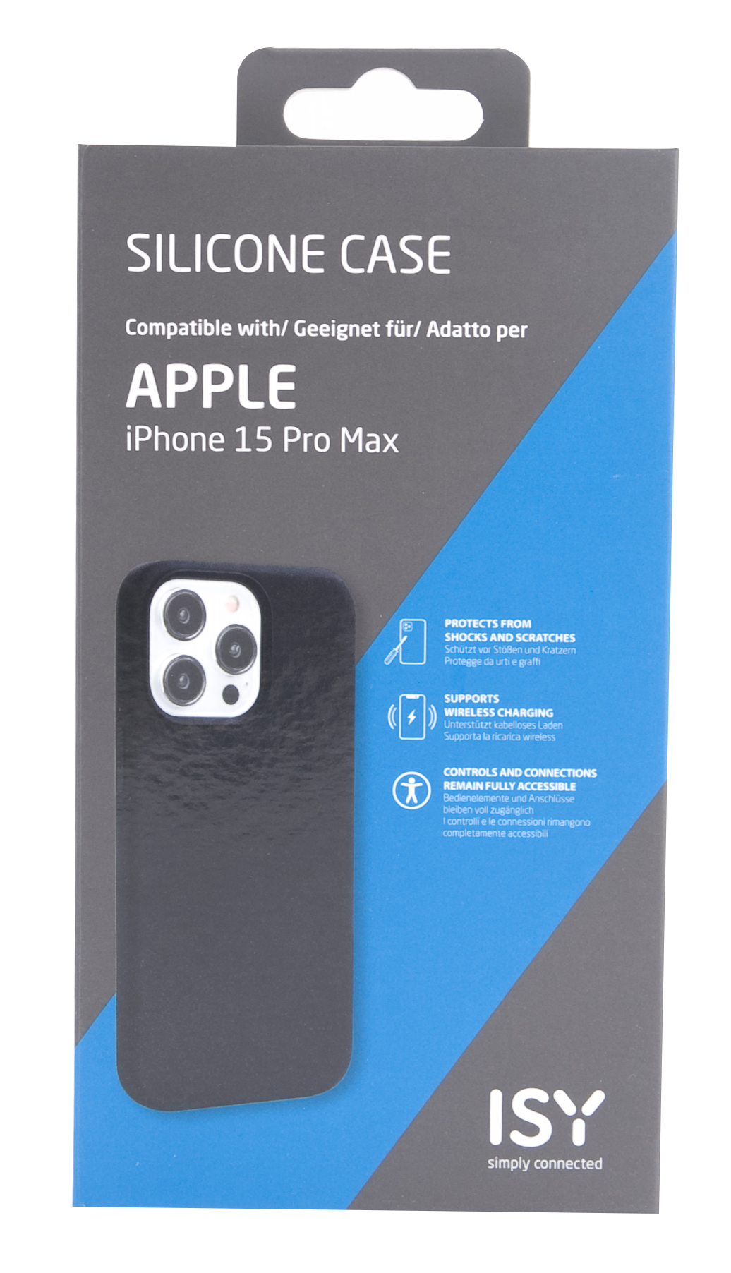 Funda de silicona negra para iPhone 15 Pro Max. La funda tiene recortes para cámara y botones.