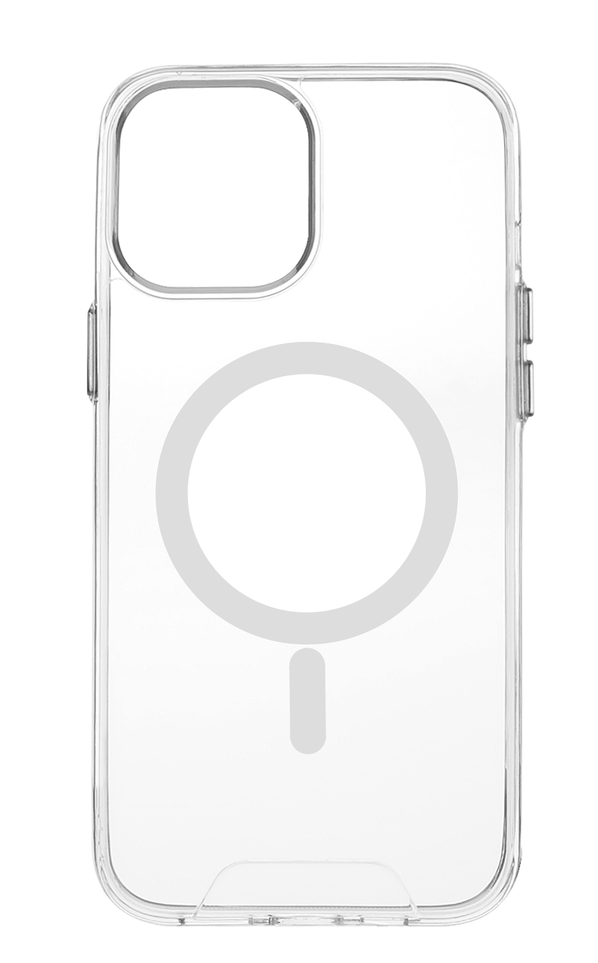 Una funda transparente para iPhone con círculo MagSafe y zona de carga.