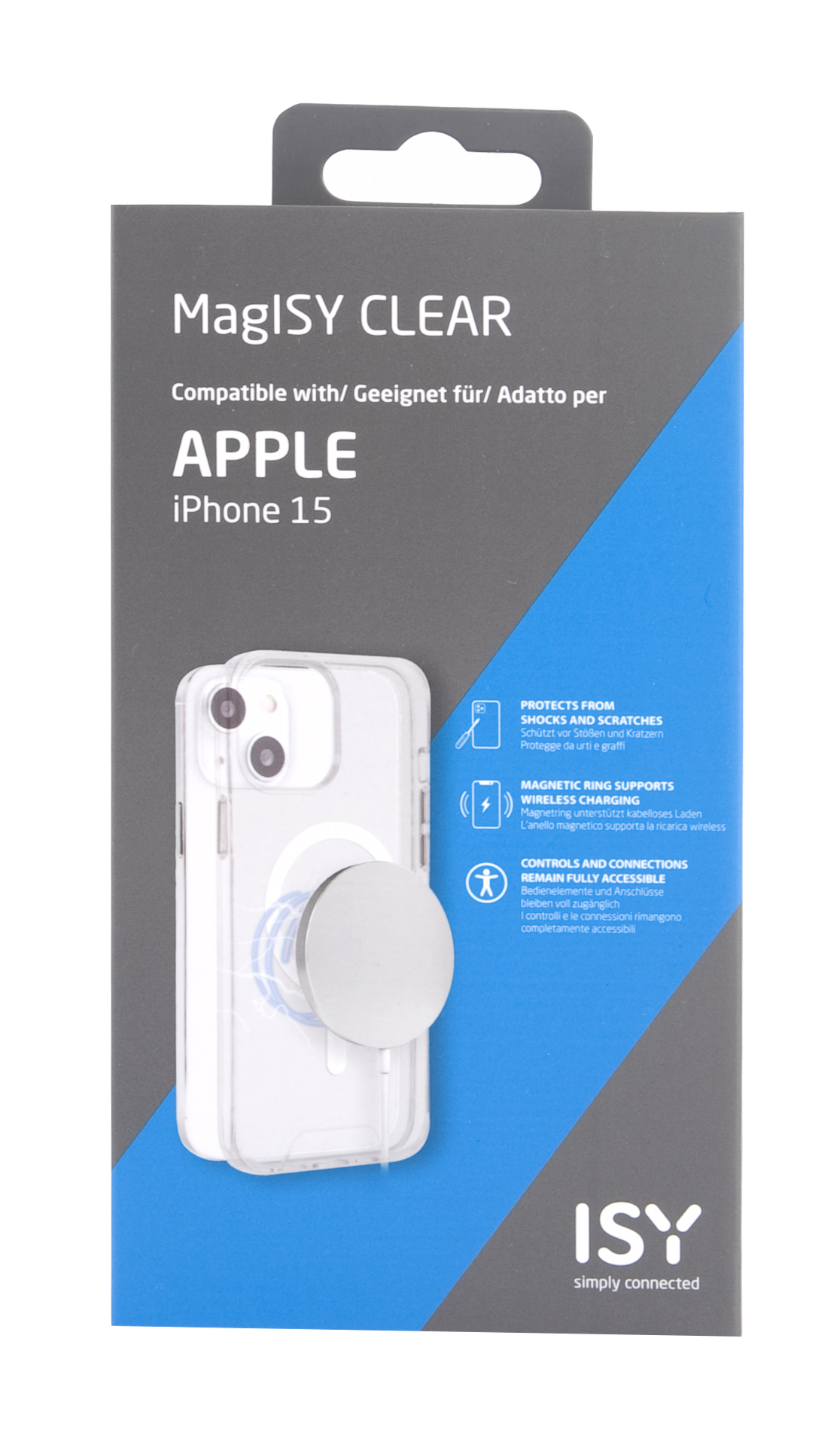 Funda transparente con MagSafe para iPhone 15 en caja, incluye texto e ilustración del teléfono.